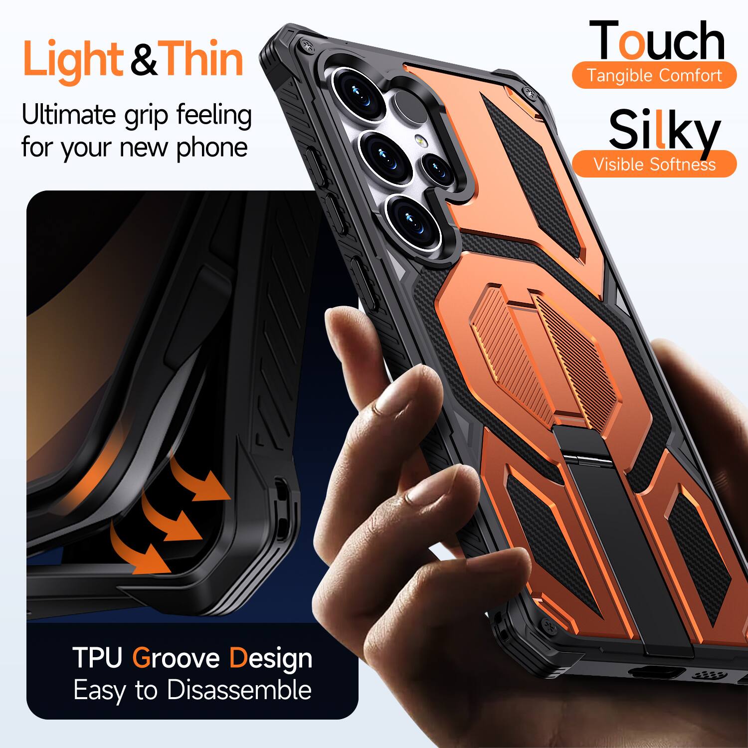 Light & Thin  
Ultimate grip feeling for your new phone  

Touch  
Tangible Comfort  

Silky  
Visible Softness  

TPU Groove Design  
Easy to Disassemble