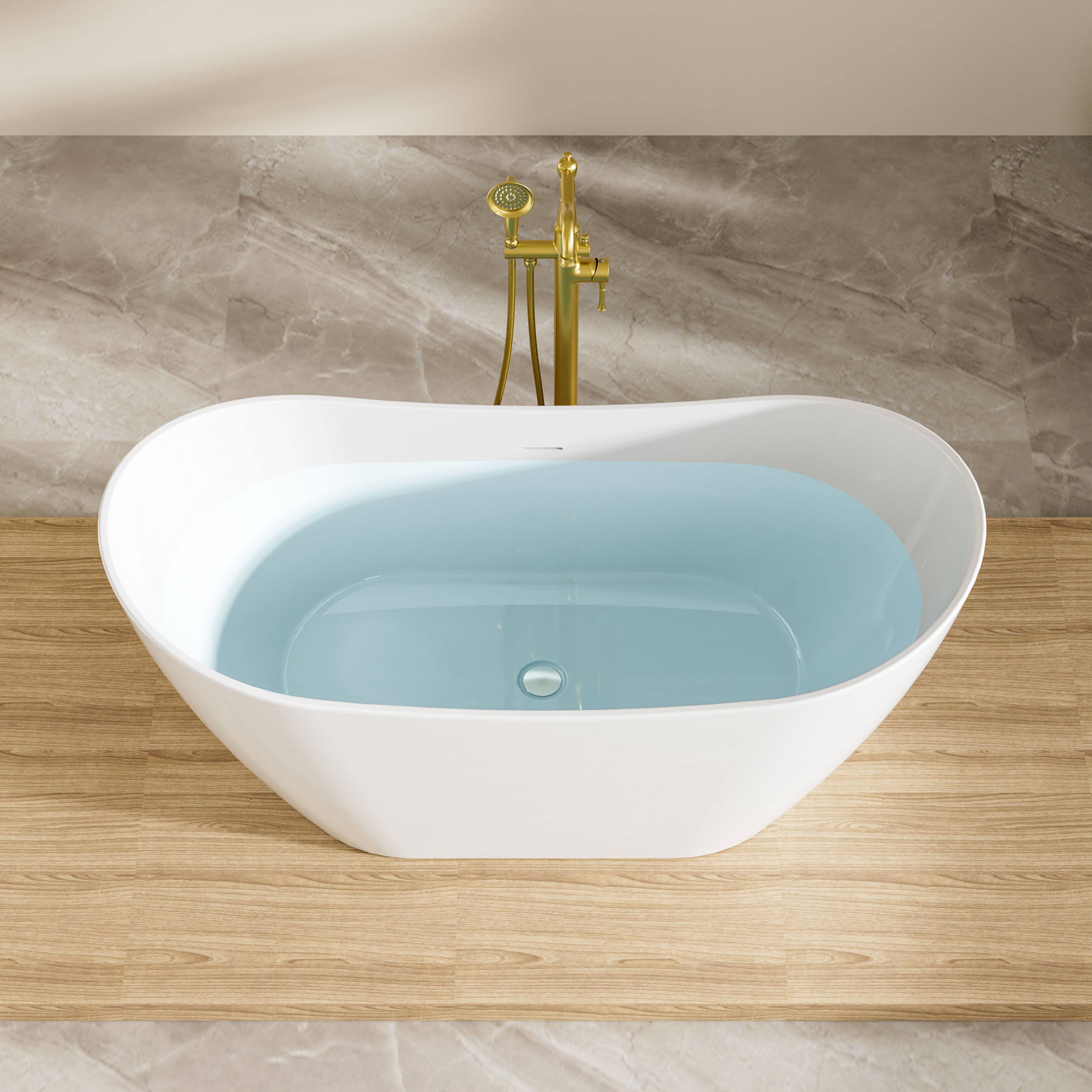 Left. WELLFOR - Vela 60 in. x 29 in. Acrylic Oval Freestanding Soaking Bathtub with Center Drain and Overflow - White.