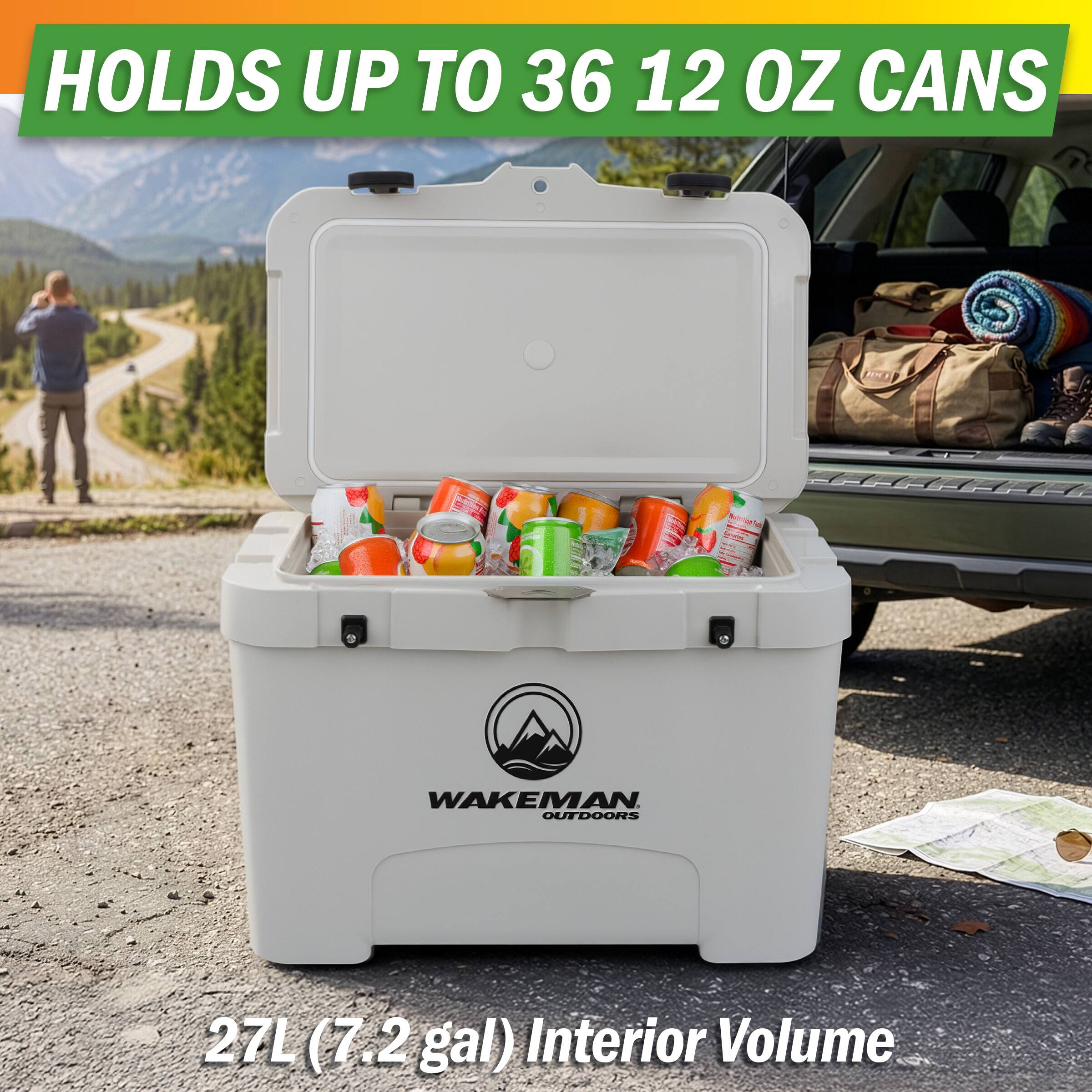 HOLDS UP TO 36 12 OZ CANS

27L (7.2 gal) Interior Volume

WAKEMAN OUTDOORS