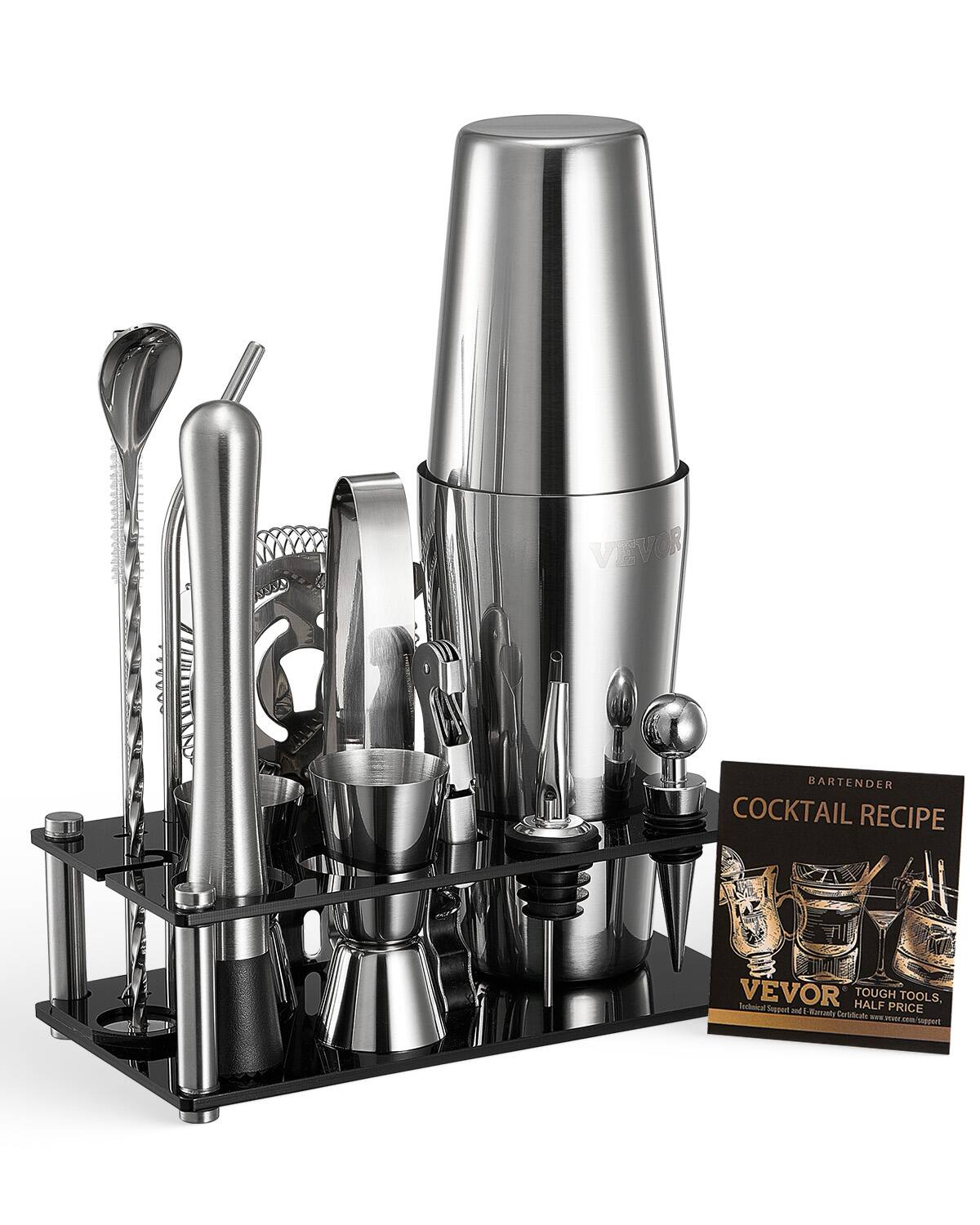 VEVOR - Cocktail Shaker Set,14-Piece Stainless Steel Bar Tools with Acrylic Stand,Boston Bartender Kit Accessories | Mixer Spoon - Silver
