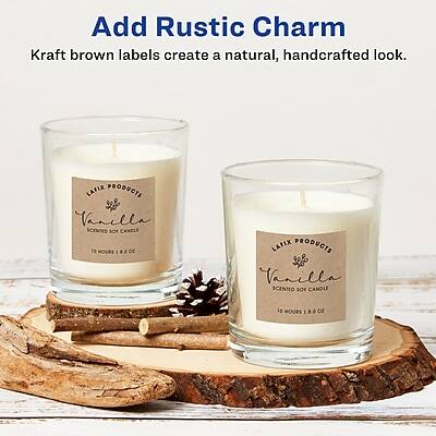 Add Rustic Charm  
Kraft brown labels create a natural, handcrafted look.

LAFIX PRODUCTS  
Vanilla  
Scented Soy Candle  
10 Hours | 8 oz

LAFIX PRODUCTS  
Vanilla  
Scented Soy Candle  
10 Hours | 8 oz