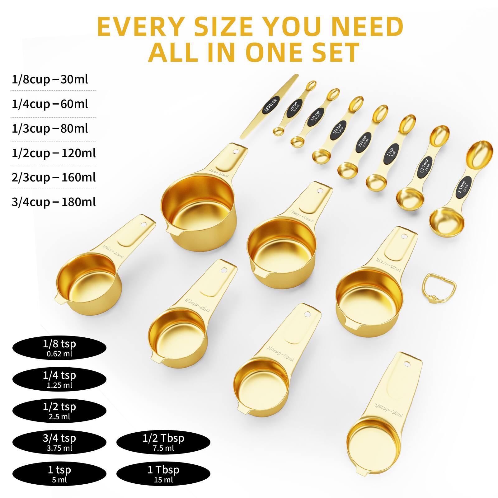EVERY SIZE YOU NEED ALL IN ONE SET

1/8 cup - 30ml  
1/4 cup - 60ml  
1/3 cup - 80ml  
1/2 cup - 120ml  
2/3 cup - 160ml  
3/4 cup - 180ml  

1/8 tsp - 0.62 ml  
1/4 tsp - 1.25 ml  
1/2 tsp - 2.5 ml  
3/4 tsp - 3.75 ml  
1/2 Tbsp - 7.5 ml  
1 tsp - 5 ml  
1 Tbsp - 15 ml