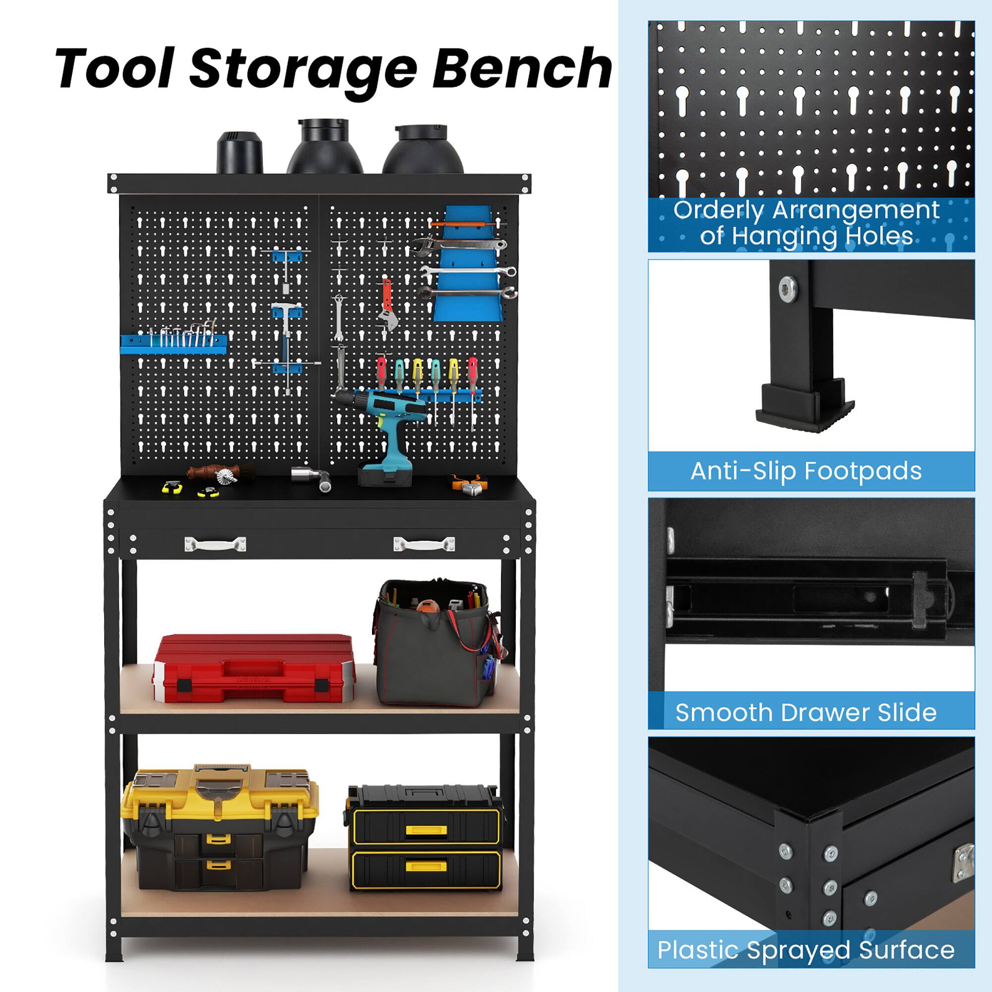 Tool Storage Bench

- Orderly Arrangement of Hanging Holes
- Anti-Slip Footpads
- Smooth Drawer Slide
- Plastic Sprayed Surface
