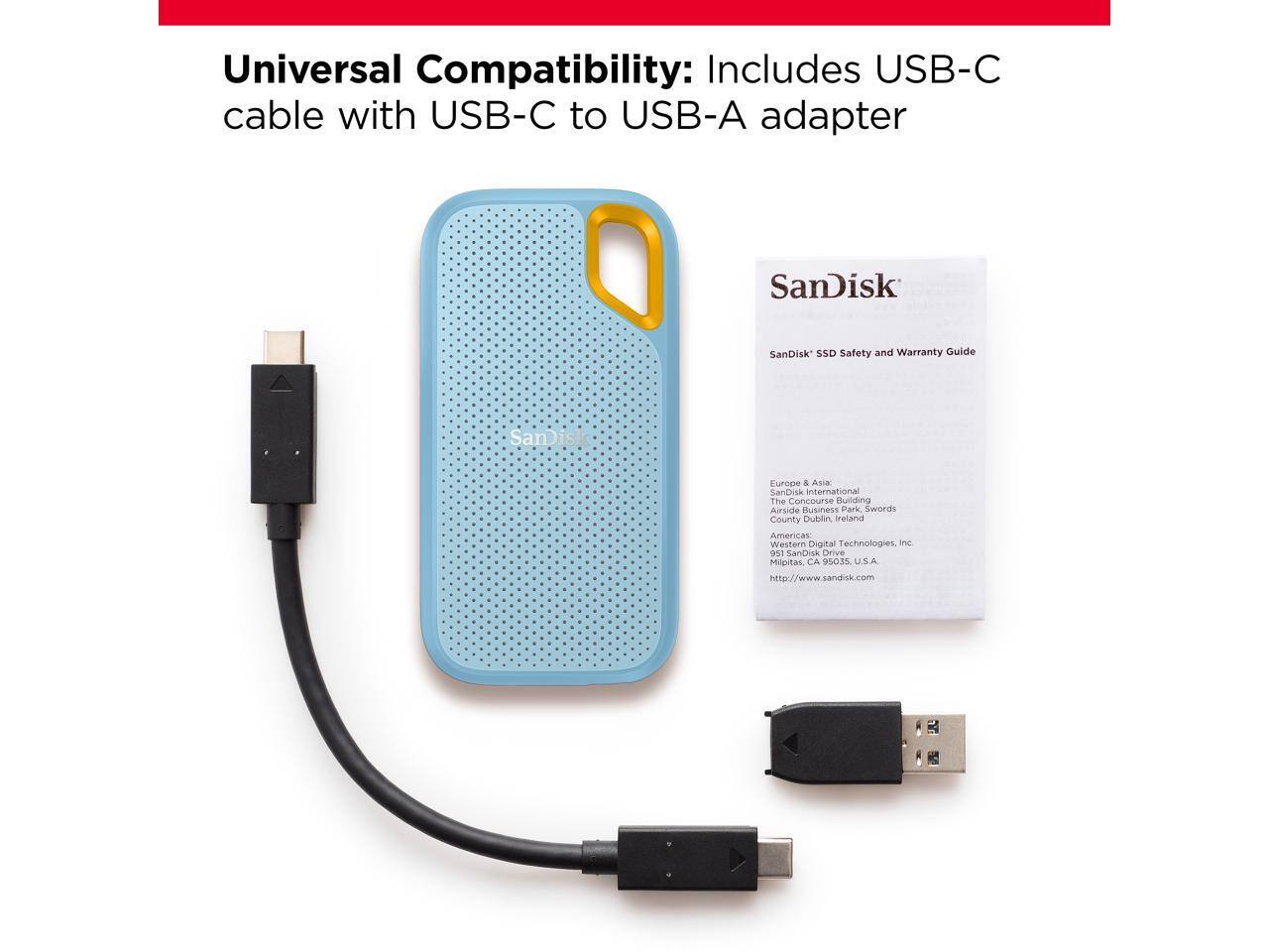 Universal Compatibility: Includes USB-C cable with USB-C to USB-A adapter

SanDisk SSD Safety and Warranty Guide

Europe & Asia:
SanDisk International
The Concourse Building
Airside Business Park
Swords, County Dublin
Ireland

Americas:
Western Digital Technologies, Inc.
951 SanDisk Drive
Milpitas, CA 95035
U.S.A.

http://www.sandisk.com