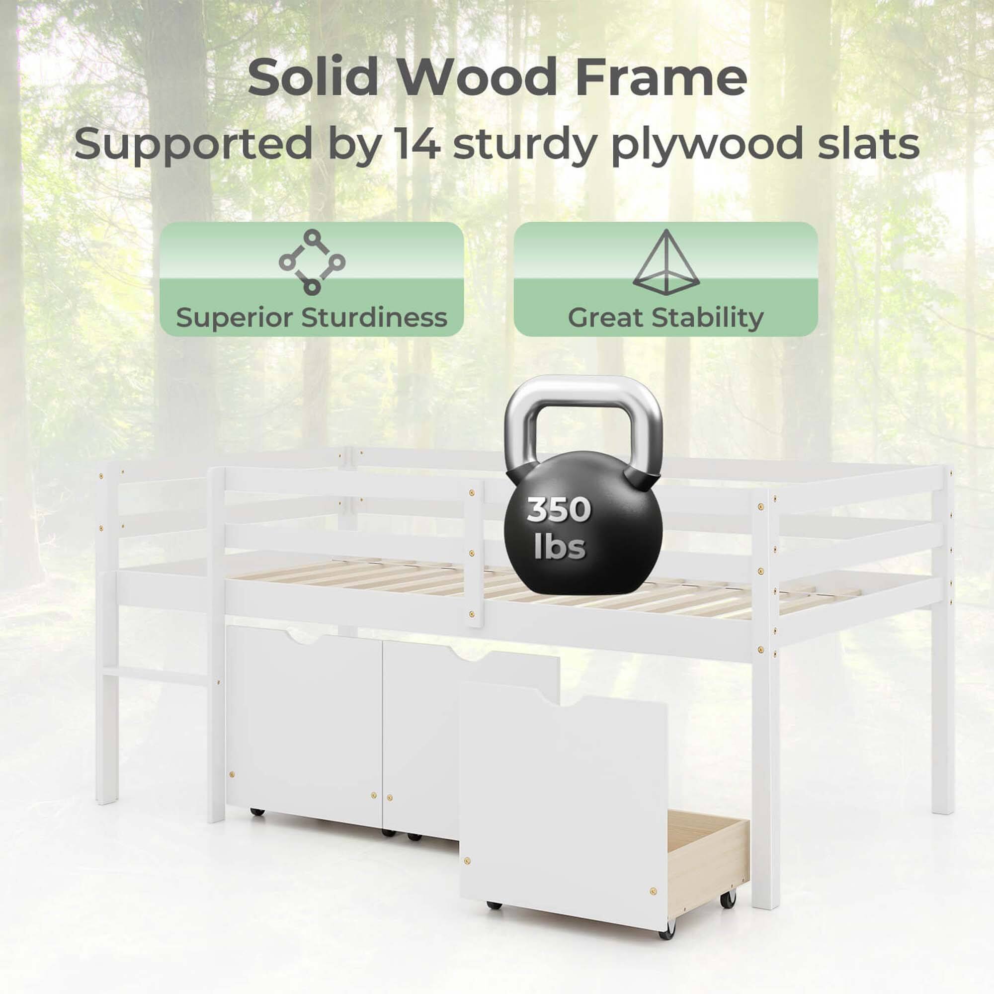 Solid Wood Frame Supported by 14 sturdy plywood slats. Superior Sturdiness. Great Stability. 350 lbs.
