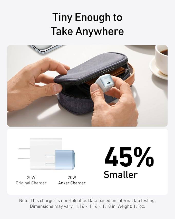 Tiny Enough to Take Anywhere

20W Original Charger
20W Smaller Anker Charger

Note: This charger is non-foldable. Data based on internal lab testing. Dimensions may vary: 1.16 x 1.16 x 1.18 in; Weight: 1.1oz.