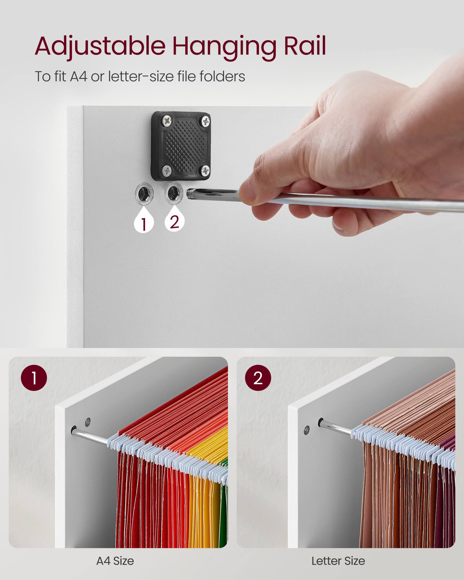 Adjustable Hanging Rail  
To fit A4 or letter-size file folders  

1  
2  

A4 Size  
Letter Size
