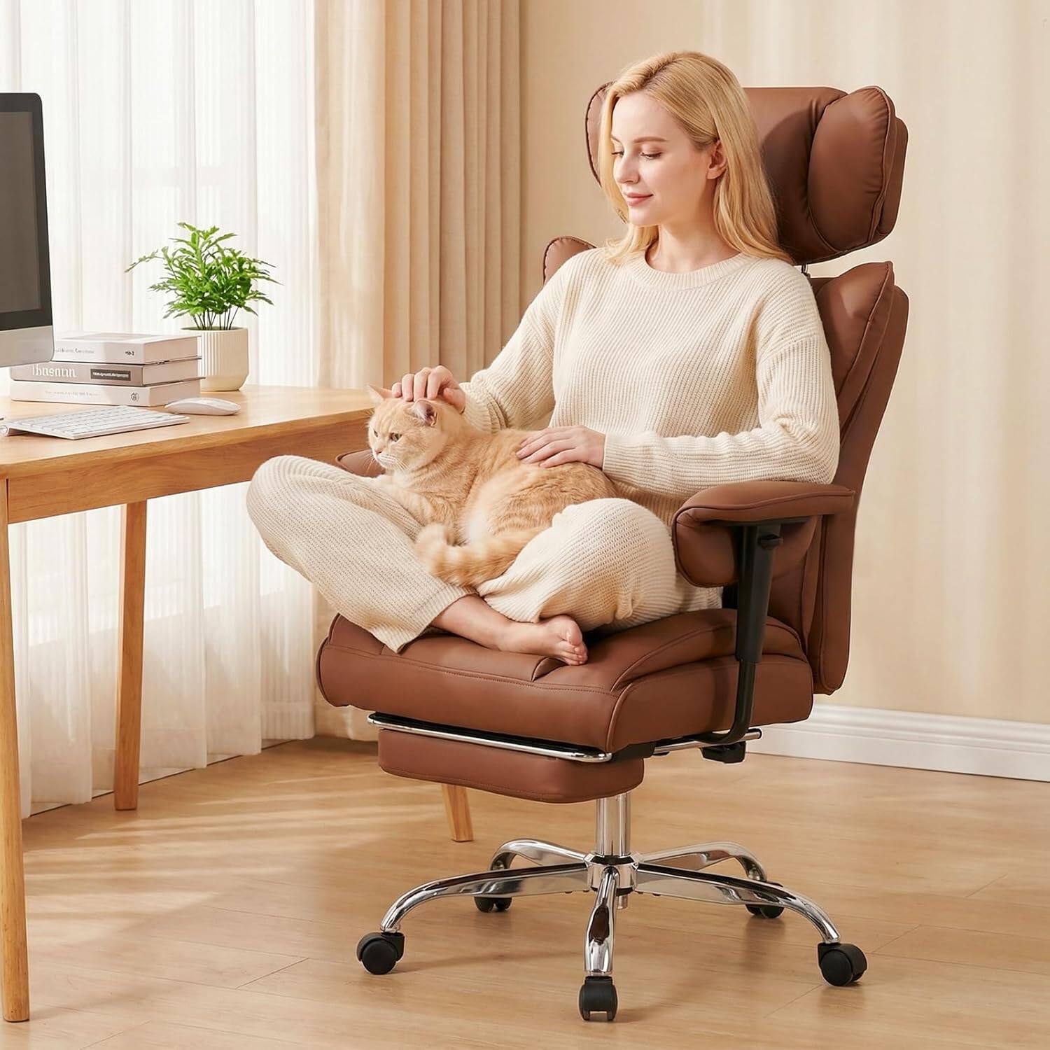 Left. Sweet - High Back Executive Office Chair with Footrest and Adjustable Armrests , Big and Tall PU Leather Gaming Chair, Brown - Brown.
