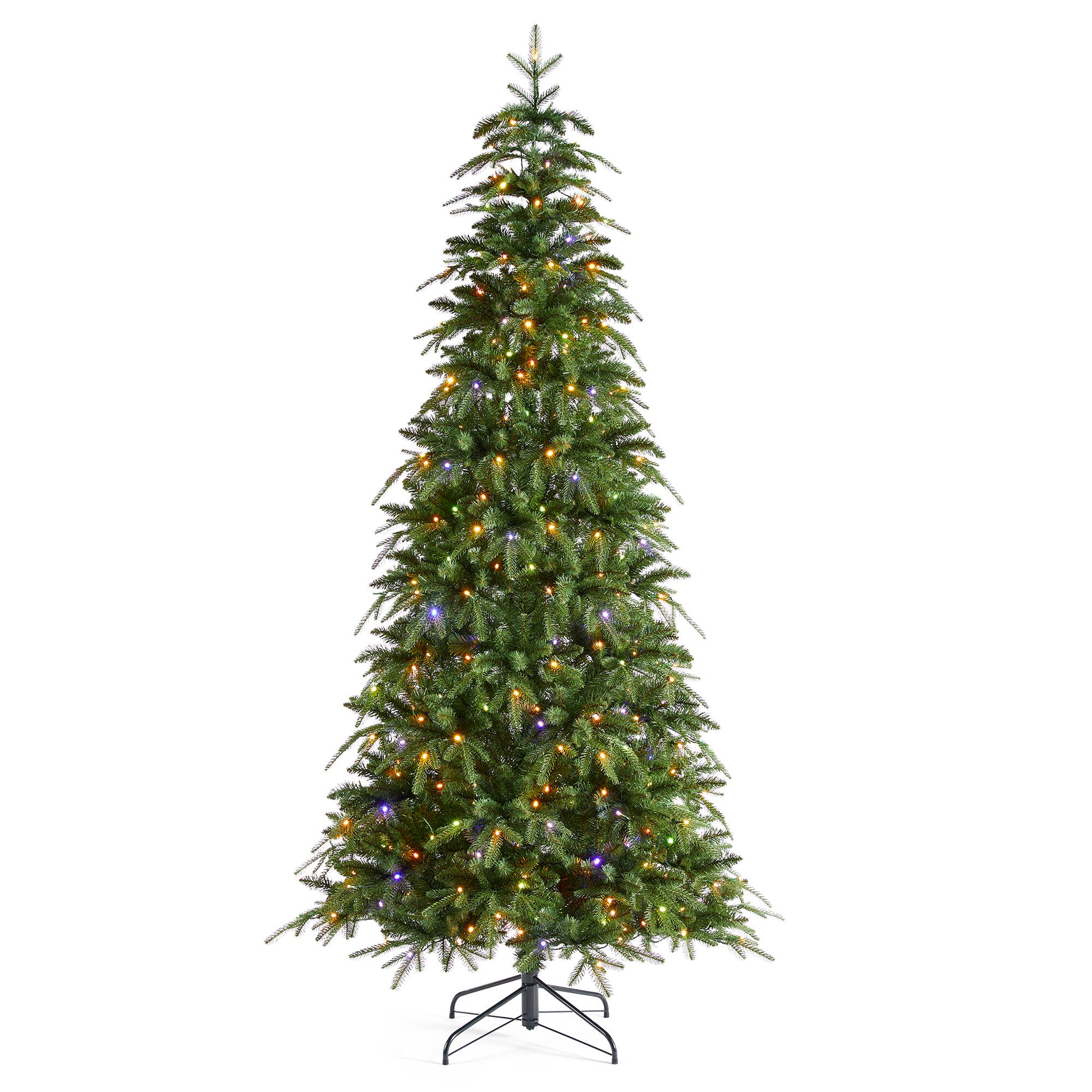 Angle. Glitzhome - 7.5ft Pre-Lit Green Slim Fir Artificial Christmas Tree with 400 Warm White/Multi-color LED Lights - Green.