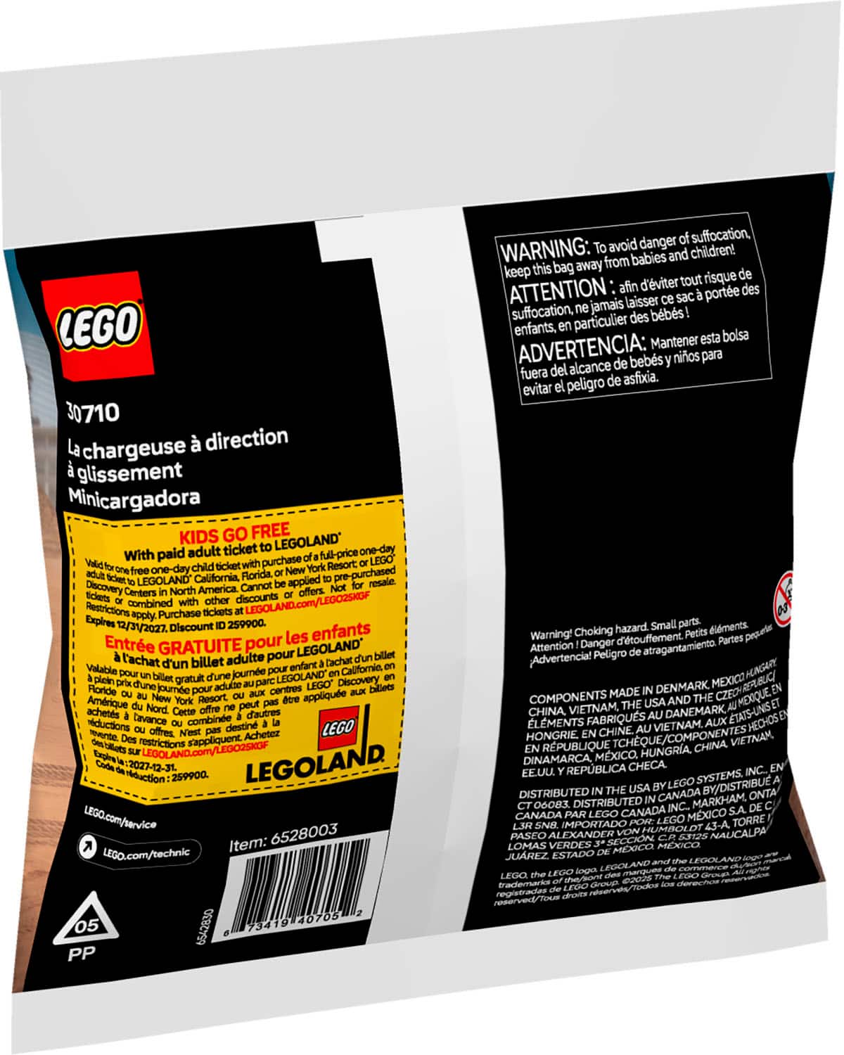 The text on the image is in French, and it is describing the contents of the bag, which is a LEGO product. The bag contains a LEGO set, and it is intended for children. The warning label on the bag indicates that it should not be used as a toy for babies and that it should be kept away from them to avoid suffocation risks. The bag also has instructions for use, which are likely to be in French as well. The bag is designed for children and is not intended for adult use.