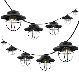 Jonathan Y - 10-Light Indoor/Outdoor 10 ft. Rustic Farmhouse Incandescent G40 Metal Cage Shade String Lights, (Set of 2) - Black