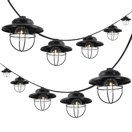 Front. Jonathan Y - 10-Light Indoor/Outdoor 10 ft. Rustic Farmhouse Incandescent G40 Metal Cage Shade String Lights, Black (Set of 2) - Black.