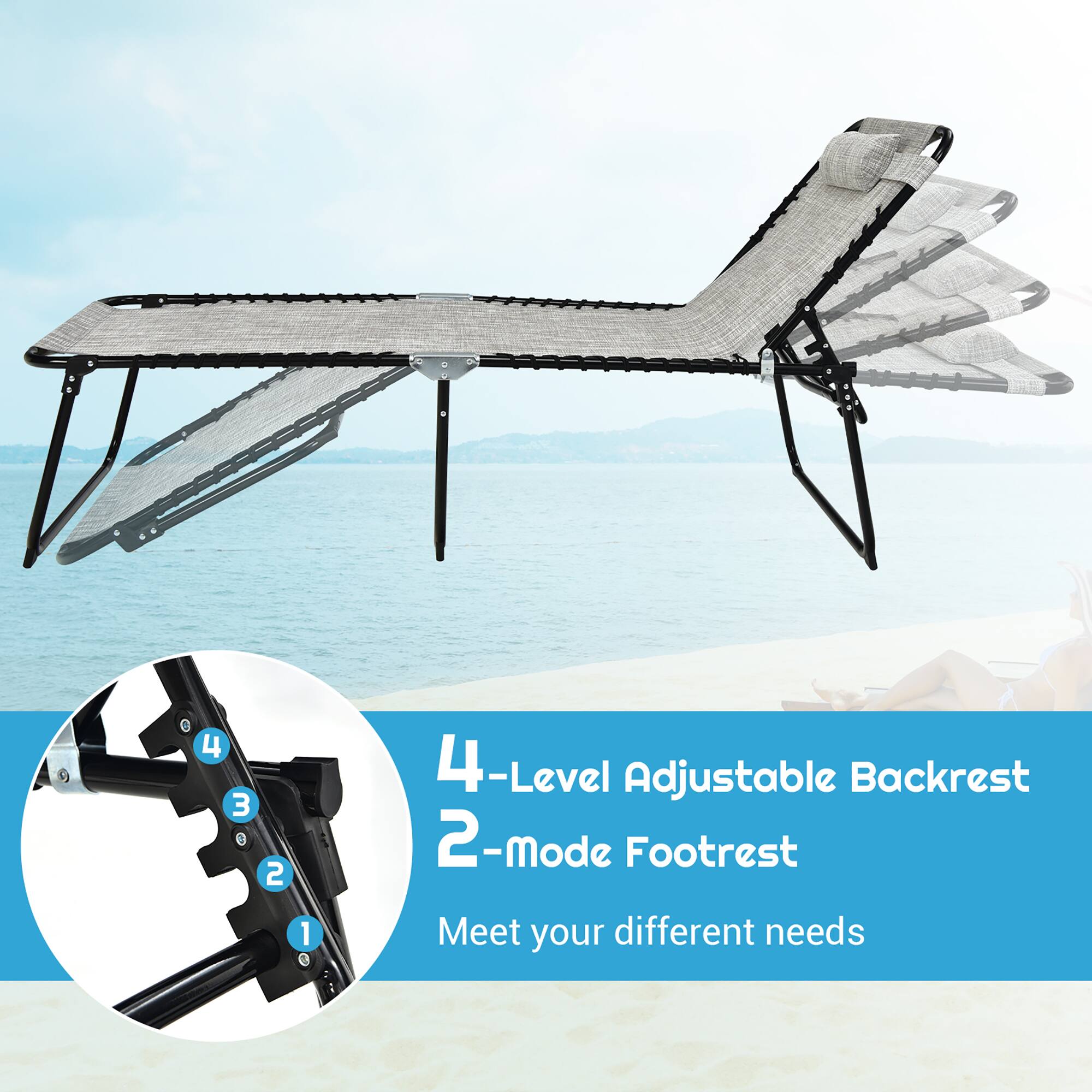 4-Level Adjustable Backrest
2-mode Footrest
Meet your different needs