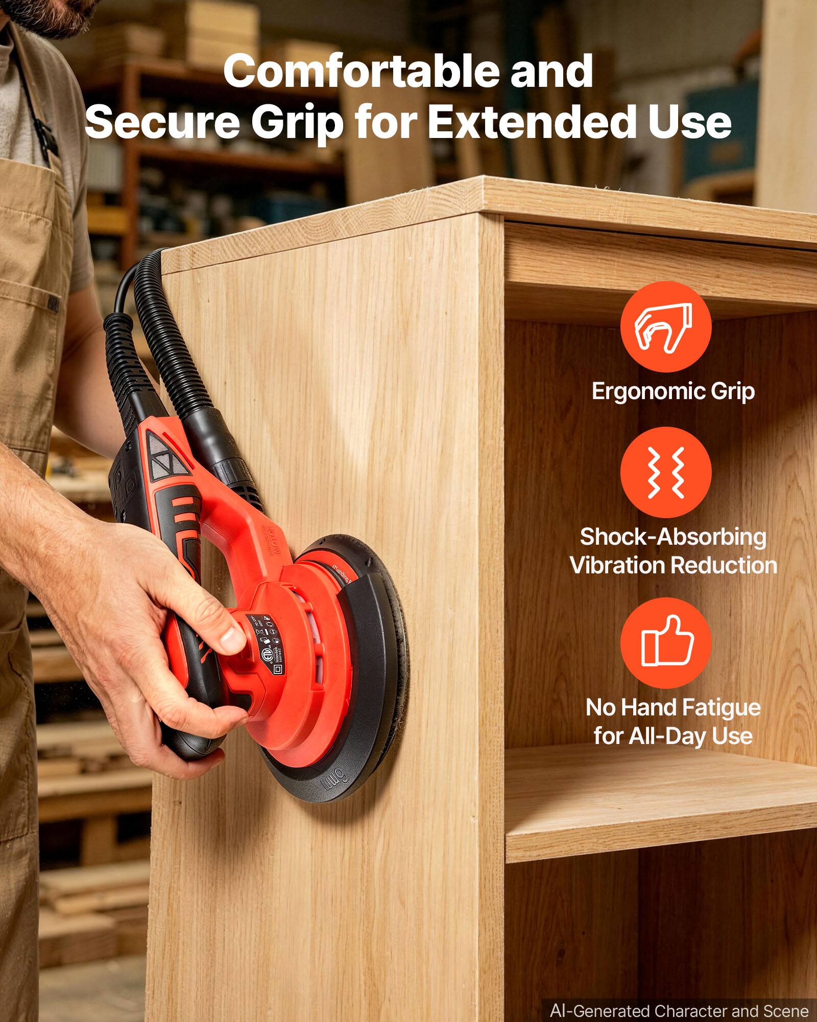 Comfortable and Secure Grip for Extended Use  
Ergonomic Grip  
Shock-Absorbing Vibration Reduction  
No Hand Fatigue for All-Day Use  
AI-Generated Character and Scene
