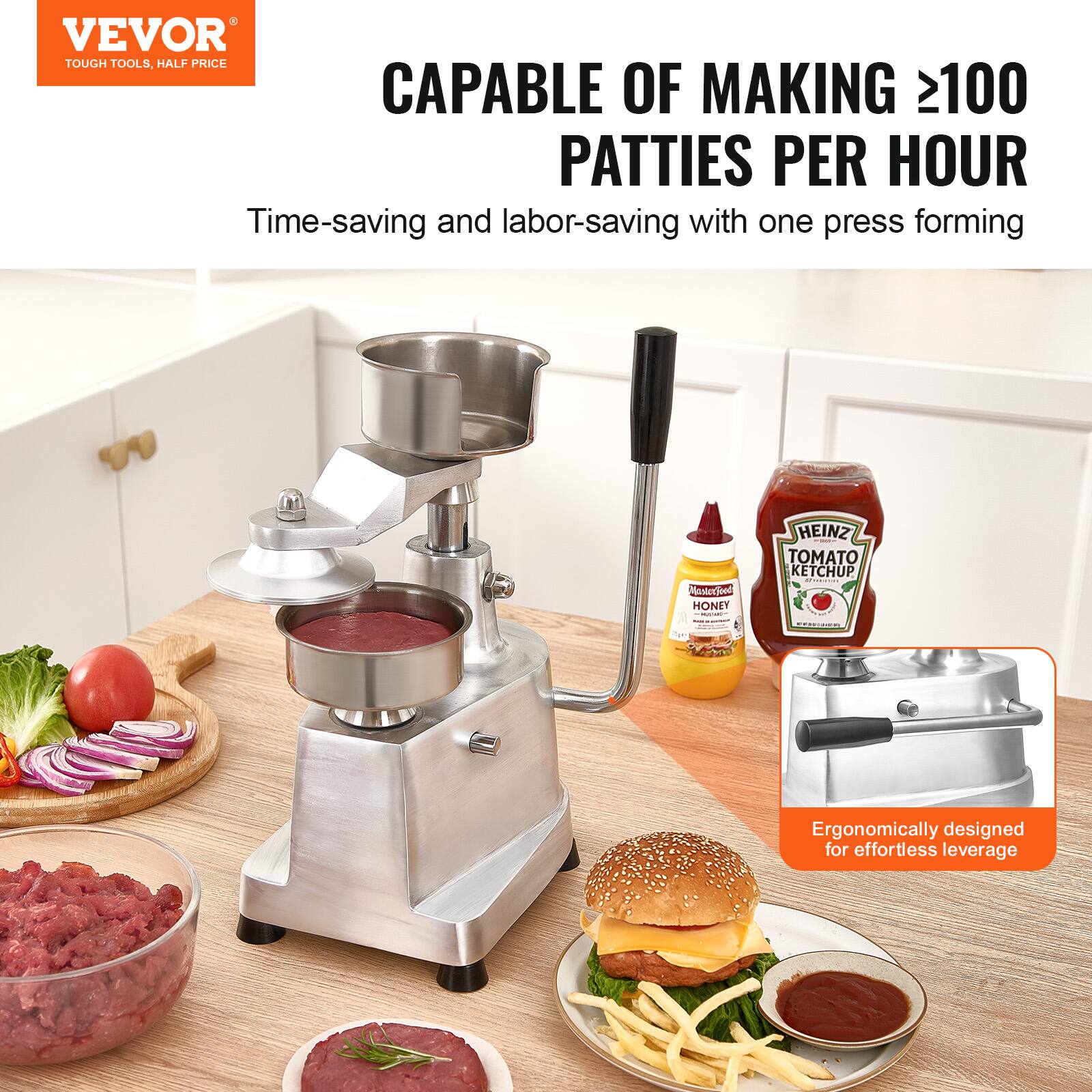 VEVOR  
TOUGH TOOLS, HALF PRICE  

CAPABLE OF MAKING ≥100 PATTIES PER HOUR  
Time-saving and labor-saving with one press forming  

Ergonomically designed for effortless leverage