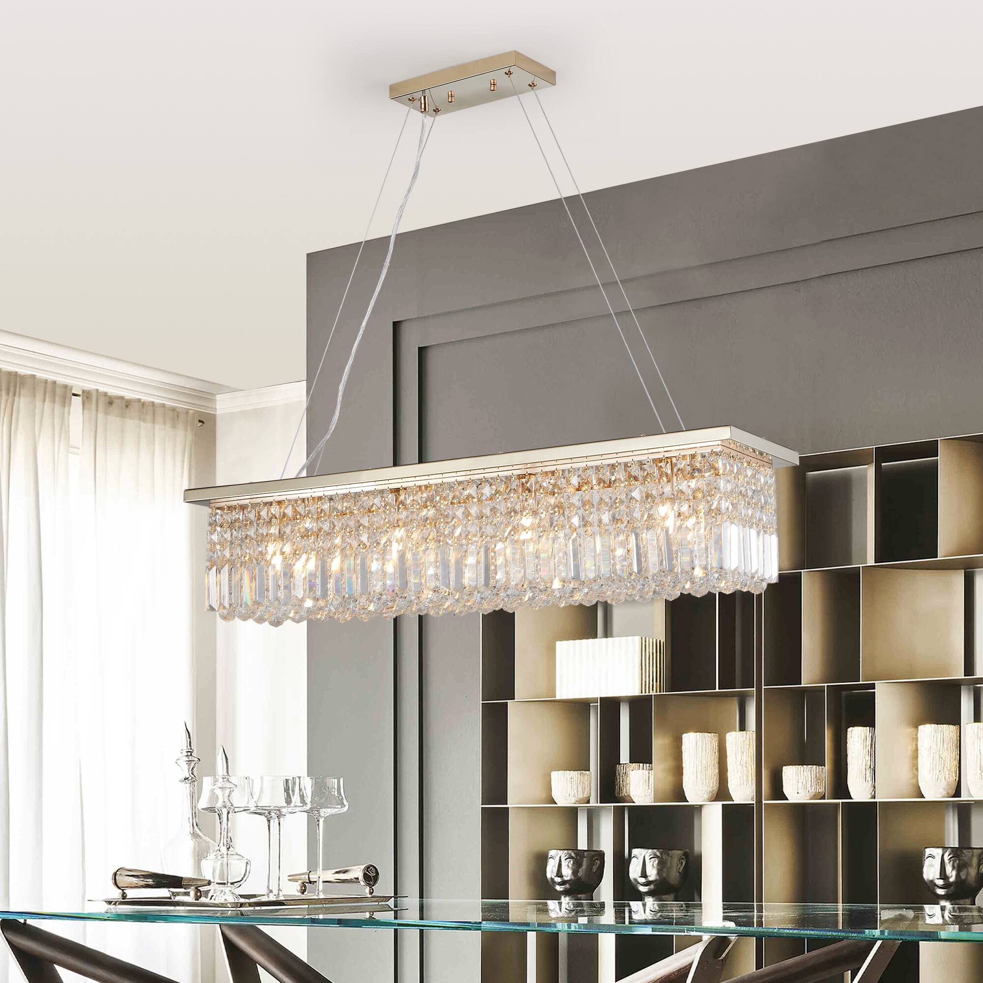 Angle. APRILSOUL - Modern Crystal 8-Light Gold Rectangle Raindrop Chandelier Contemporary Rectangular Pendant Light Fixture No Bulb.