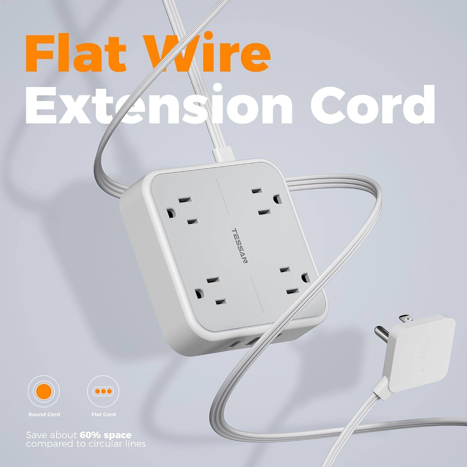 Flat Wire Extension Cord

TESSAN

Round Cord Flat Cord

Save about 60% space compared to circular lines
