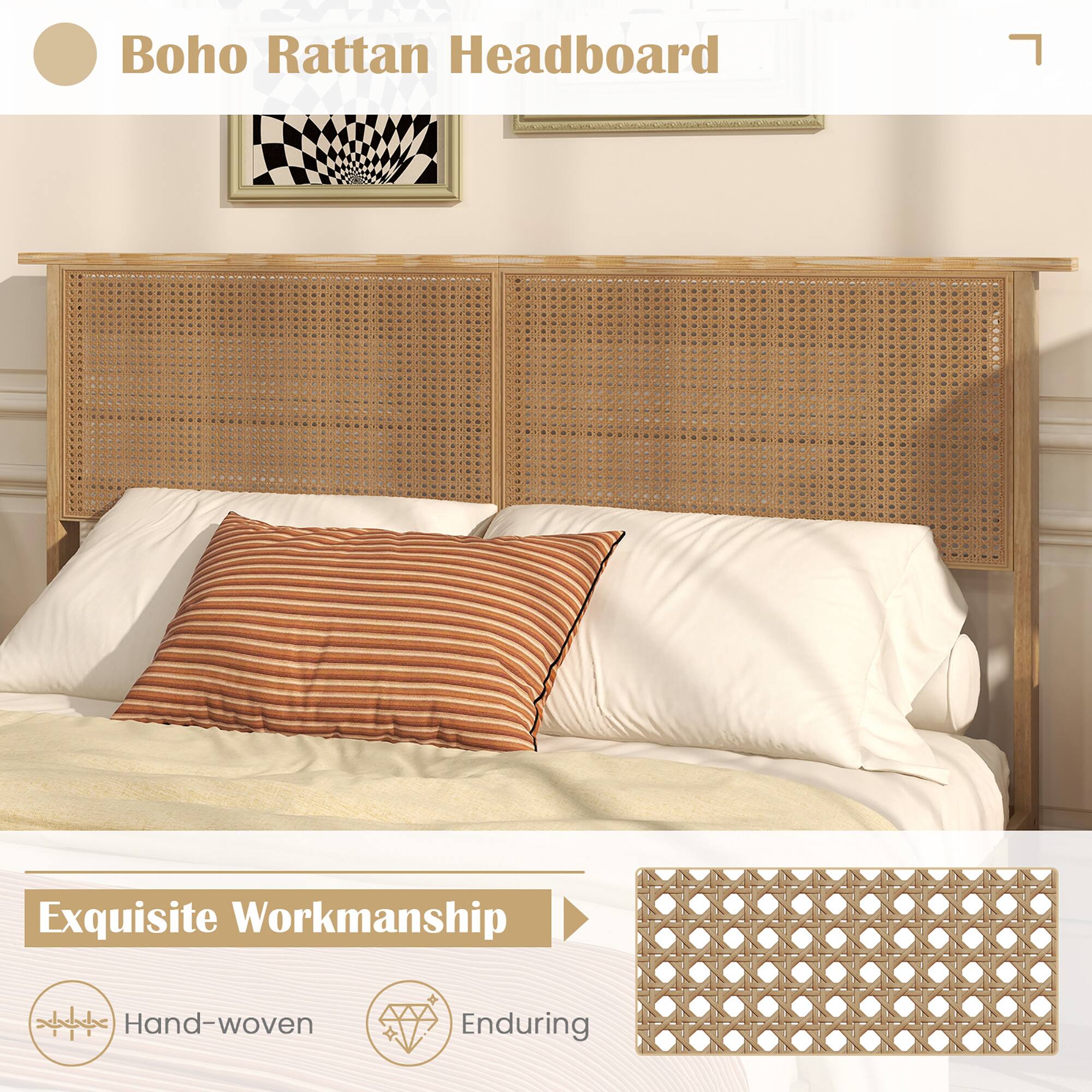 Boho Rattan Headboard

Exquisite Workmanship

Hand-woven  
Enduring