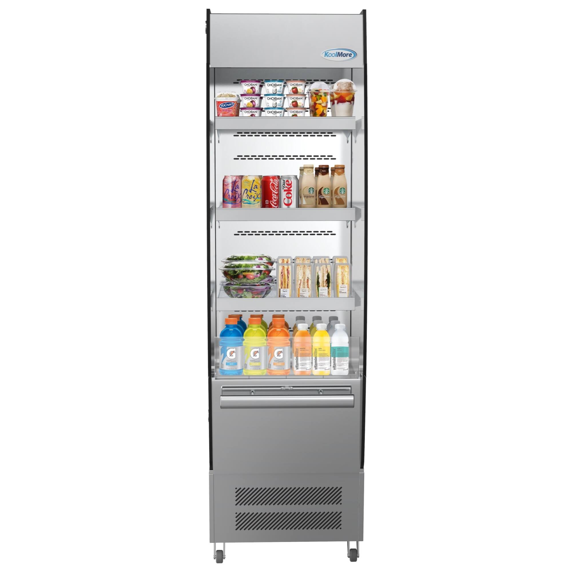 The image features a refrigerator with a variety of drinks and food items inside. The drinks include several bottles of water, juice, and soda, while the food items consist of sandwiches and a bowl. The refrigerator is stocked with a total of 12 bottles, 3 sandwiches, and 1 bowl.
