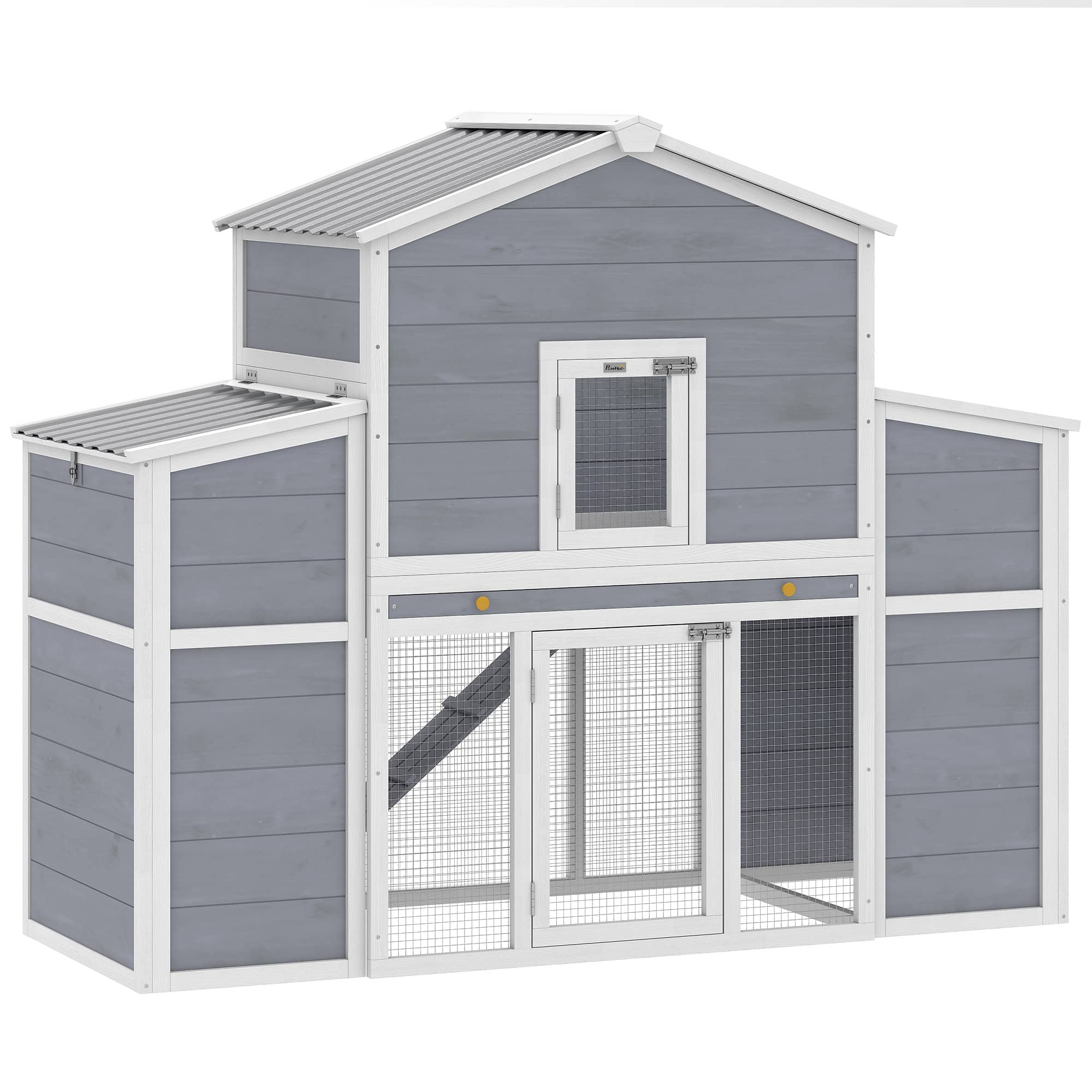Pawhut - Large Chicken Coop, Wooden Chicken House with 2 Nesting Boxes, Sliding Tray & Ramp - Gray