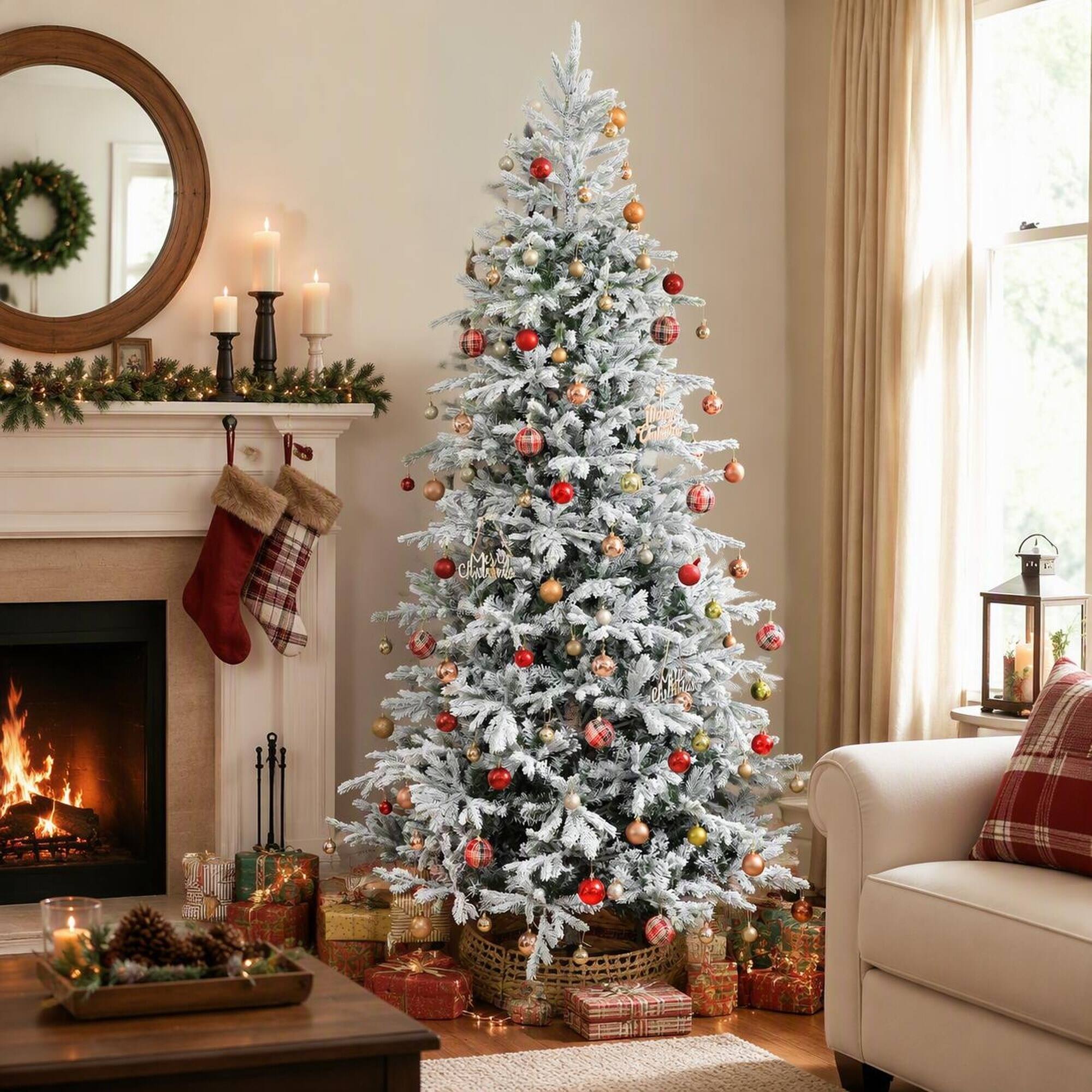 Angle. RYHNUYNE - HOMCOM 9 Ft Artificial Frosted Christmas Tree, Realistic Branches Wide Full Spruce Hinged Design Easy Assembly - Green.