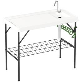 Outsunny - Folding Fish Cleaning Table with Sink, Portable Camping Sink Station with Faucet, Drainage Hose, Sprayer - White