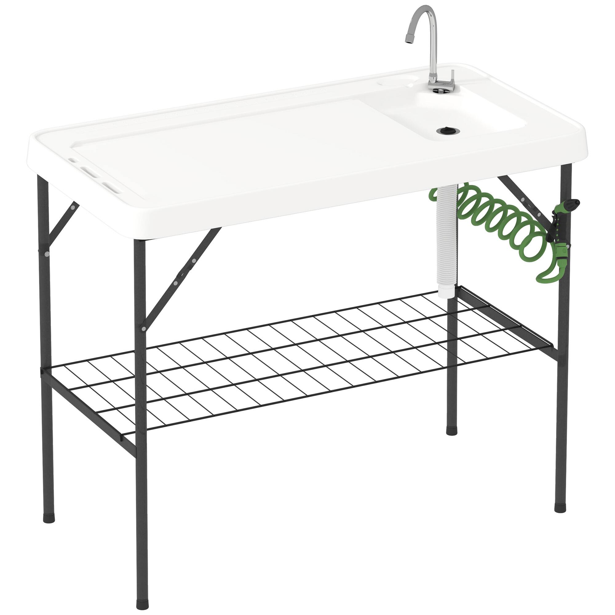Front. Outsunny - Folding Fish Cleaning Table with Sink, Portable Camping Sink Station with Faucet, Drainage Hose, Sprayer - White.