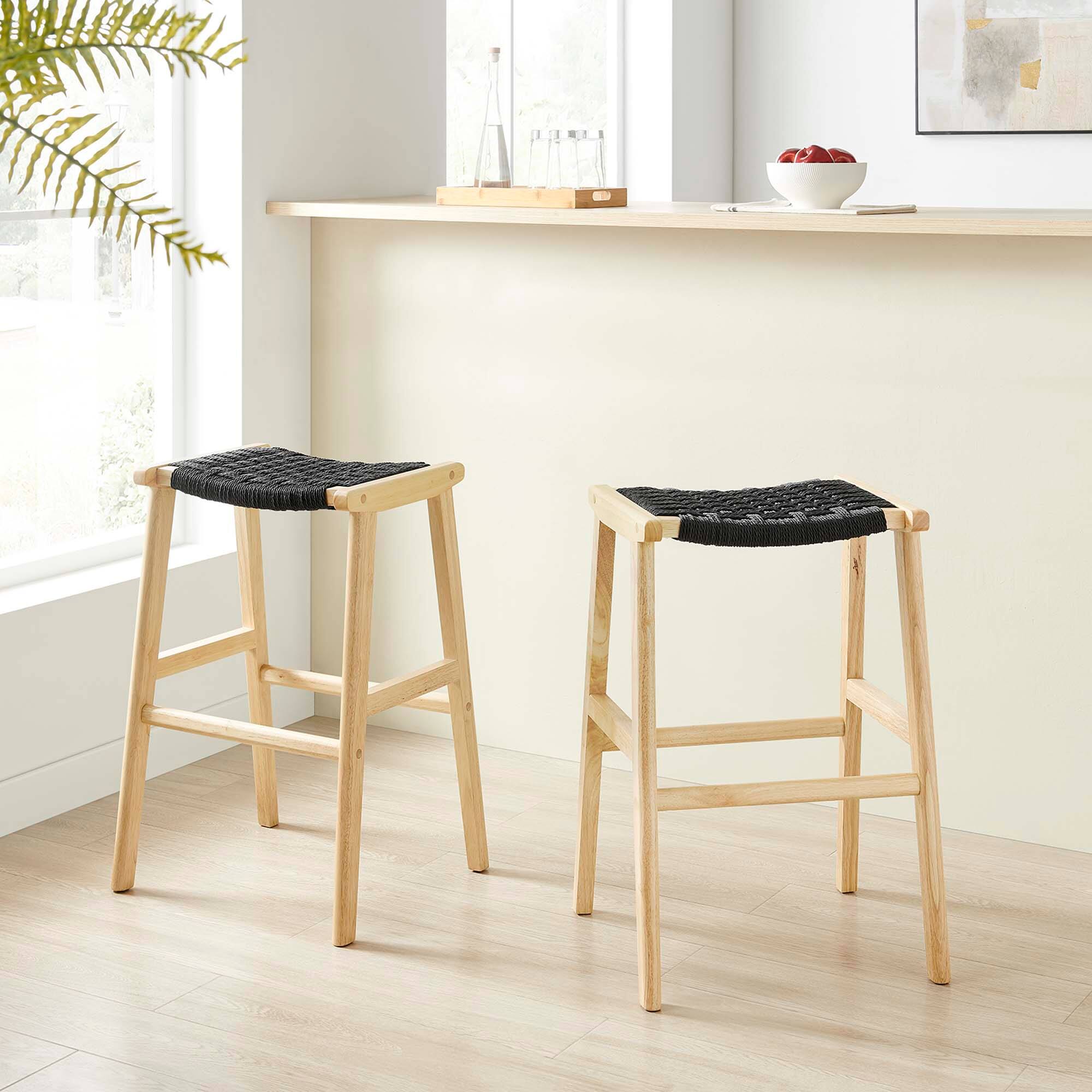 Alt View 6. Modway - Saoirse Woven Rope Wood Bar Stool Set of 2 - Black.