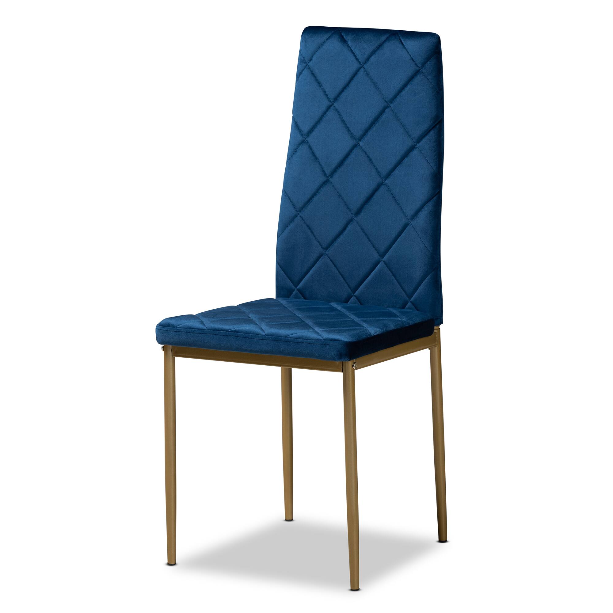 Angle. Baxton Studio - Blaise Modern Glam Velvet Fabric Upholstered and Gold Finished Metal 4-Piece Dining Chair Set - Navy blue/gold.