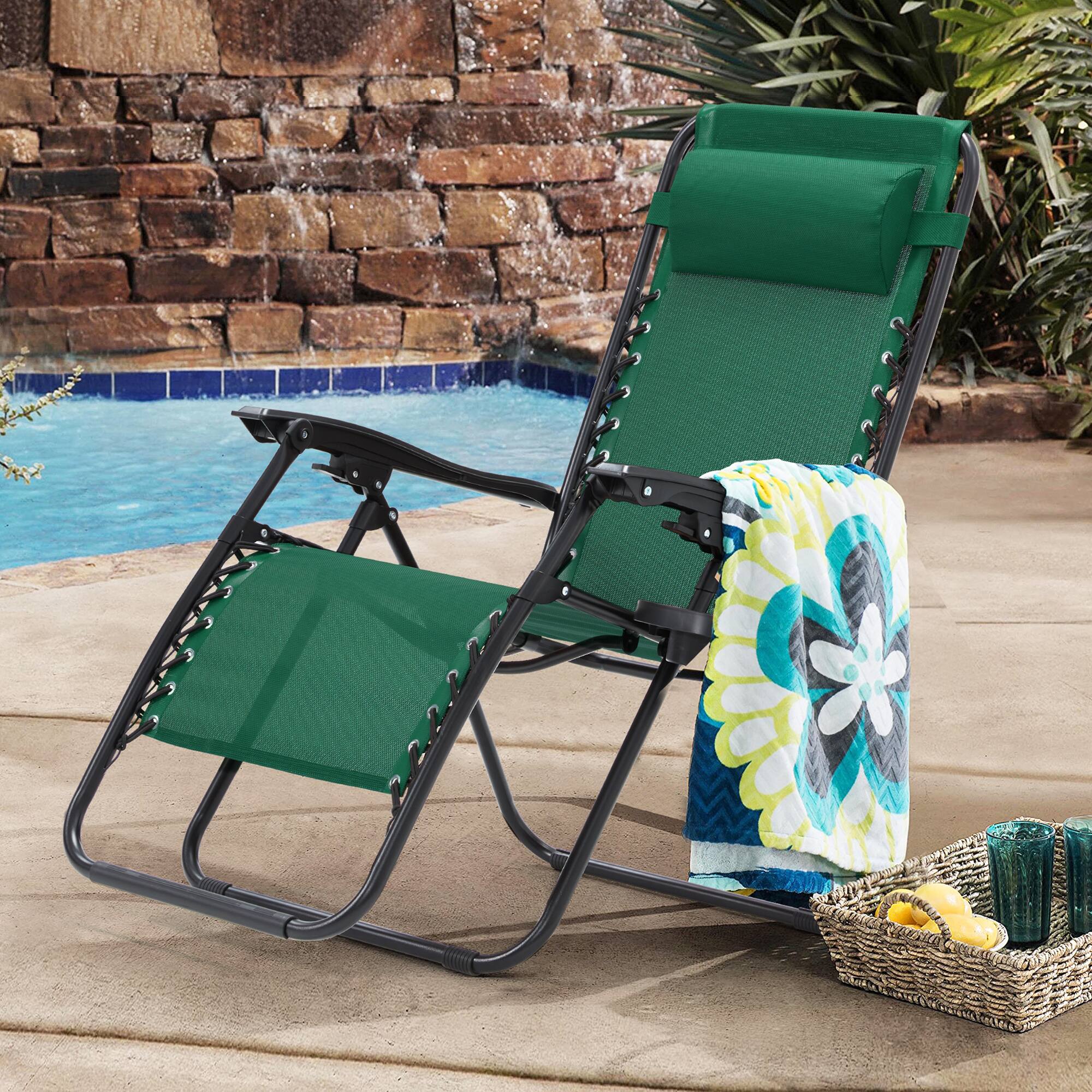 Alt View 5. U-HOMY - Zero Gravity Reclining Lounge Chair Set of 2 Outdoor Folding Recliners with Cup Holder and Weather Resistant Fabric - Forest Green.