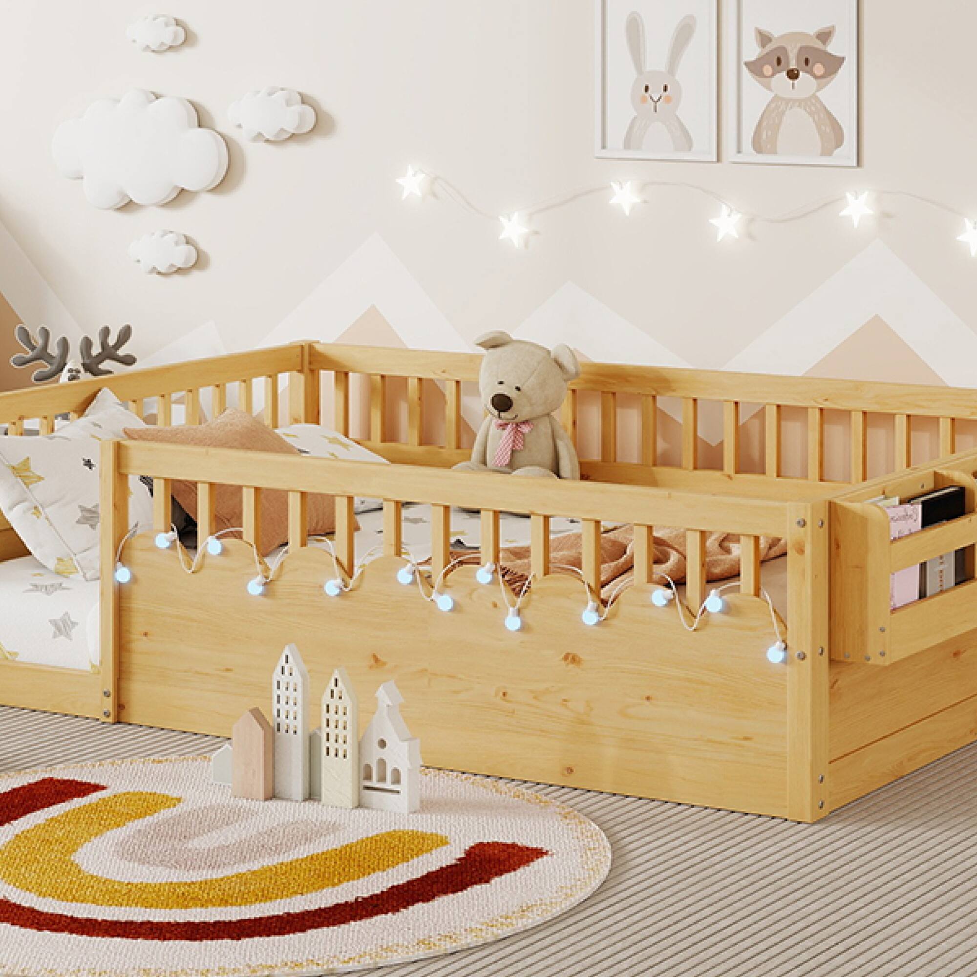 Alt View 4. GOODSILO - Full Size Low Profile Children's Floor Bed Frame Integrated LED Lighting and Convenient Storage Shelf - Natural.