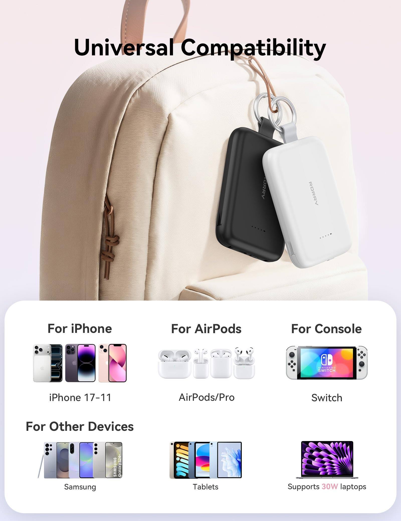 Universal Compatibility

For iPhone
iPhone 17-11

For AirPods
AirPods/Pro

For Console
Switch

For Other Devices
Samsung
Tablets
Supports 30W laptops