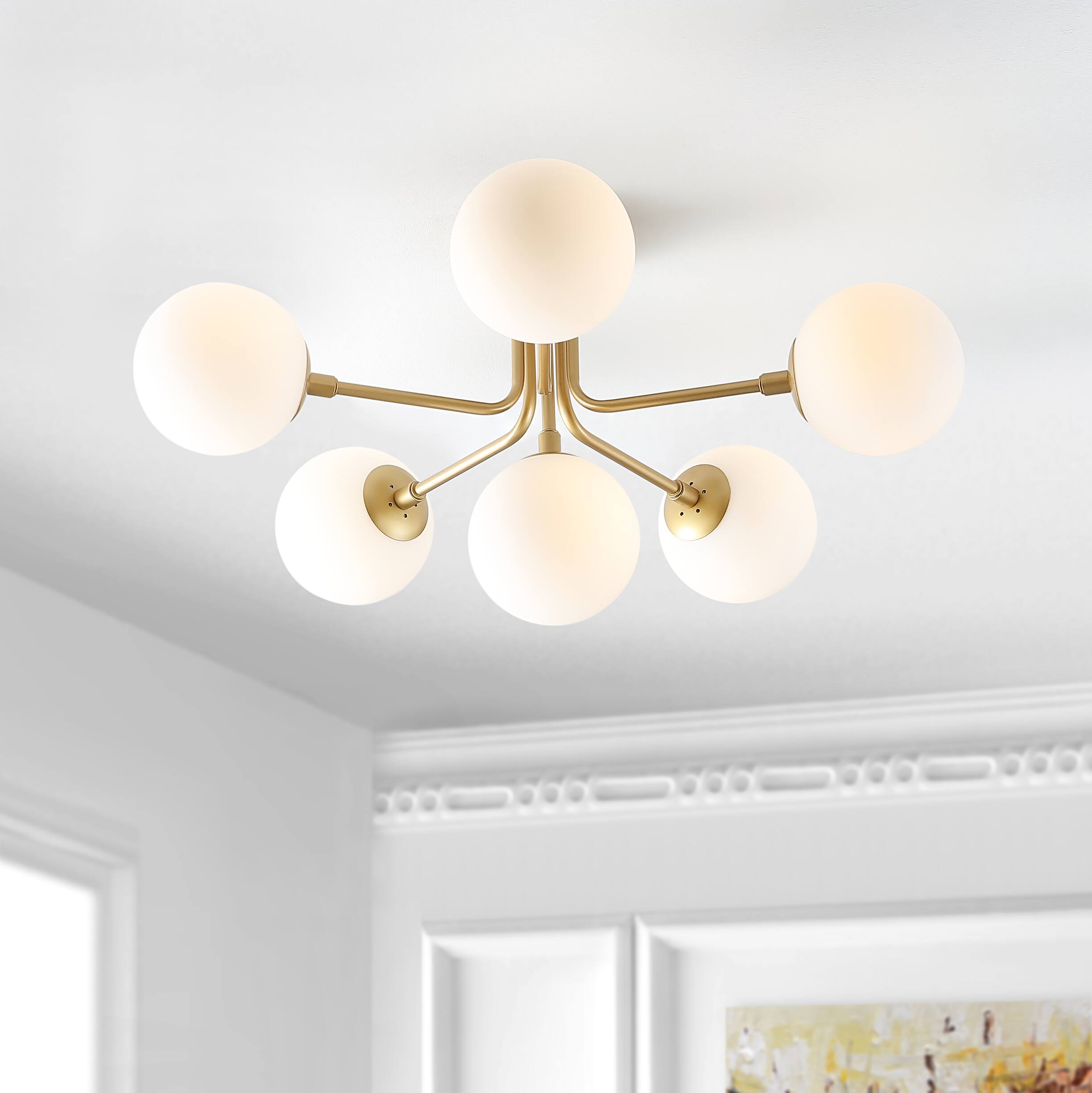 Alt View 1. Jonathan Y - Olivier Parisian 24" 6-Light Globe Modern Industrial Iron Bistro LED Semi Flush Mount, Gold - Brass Gold.