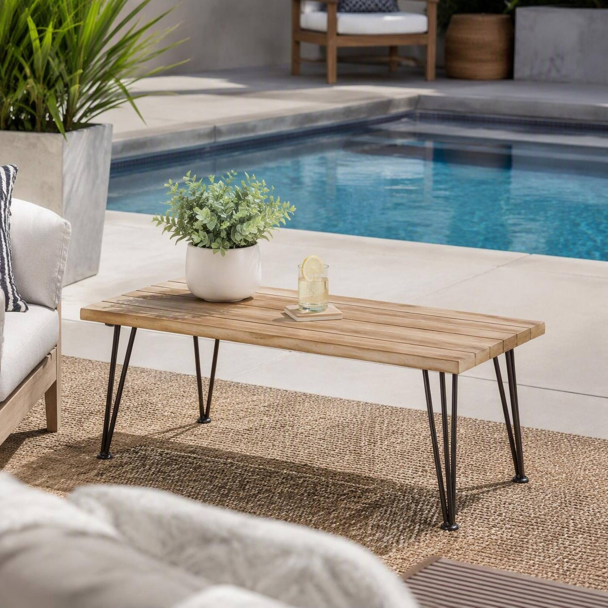 Alt View 1. RYHNUYNE - Outdoor Rectangular Coffee Table,Slatted Wood Top with Metal Legs,Patio Accent Side Table for Garden - Teak.