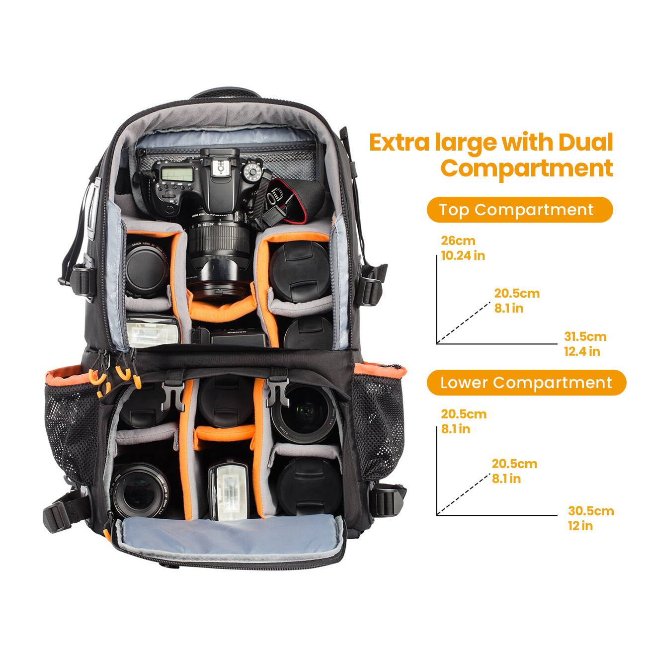 Extra large with Dual Compartment

Top Compartment
- 26cm 10.24 in
- 20.5cm 8.1 in
- 31.5cm 12.4 in

Lower Compartment
- 20.5cm 8.1 in
- 20.5cm 8.1 in
- 30.5cm 12 in