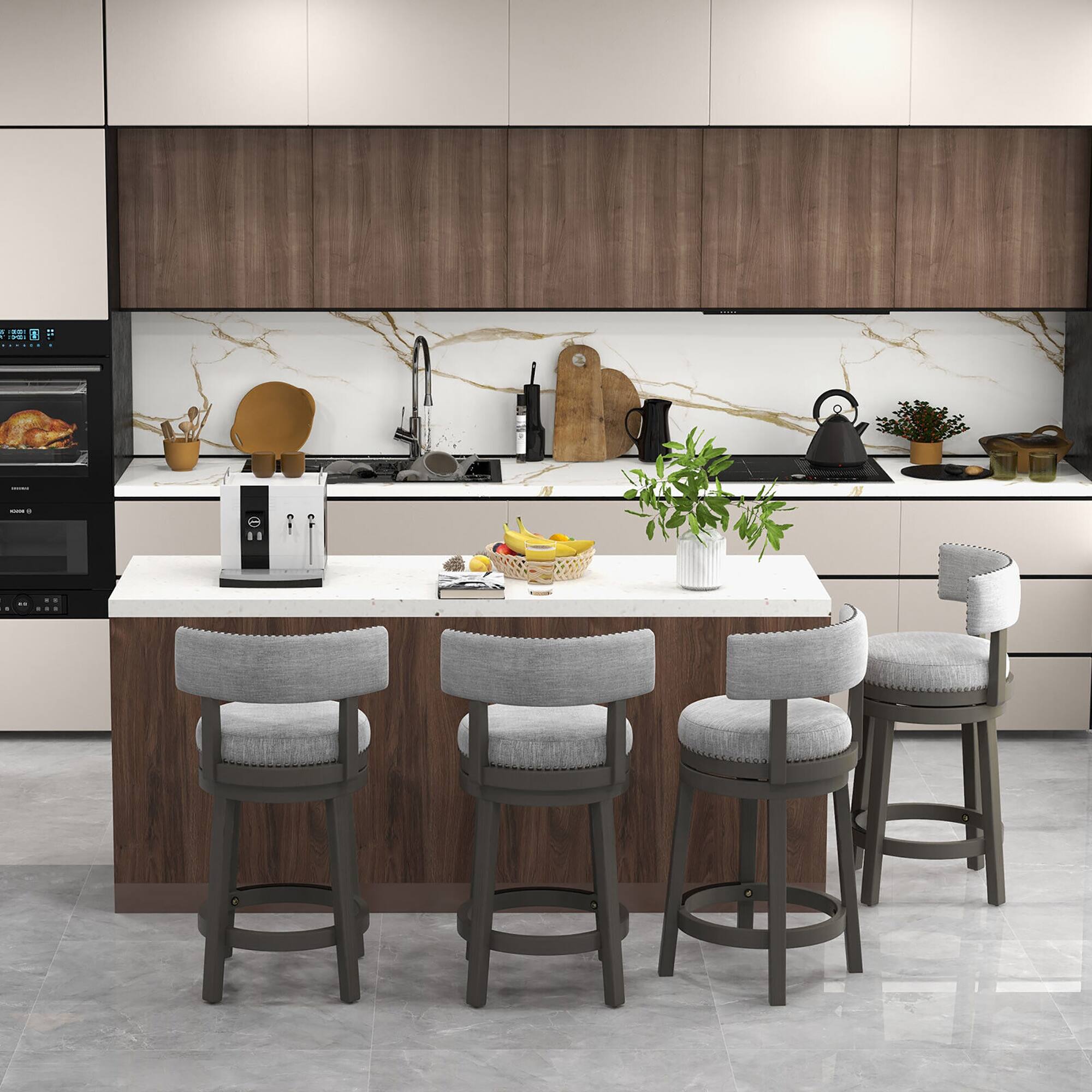 Alt View 2. Gymax - Gymax Set of 4 Upholstered Swivel Bar Stools Wooden Counter Height Kitchen Chairs Grey - Grey.