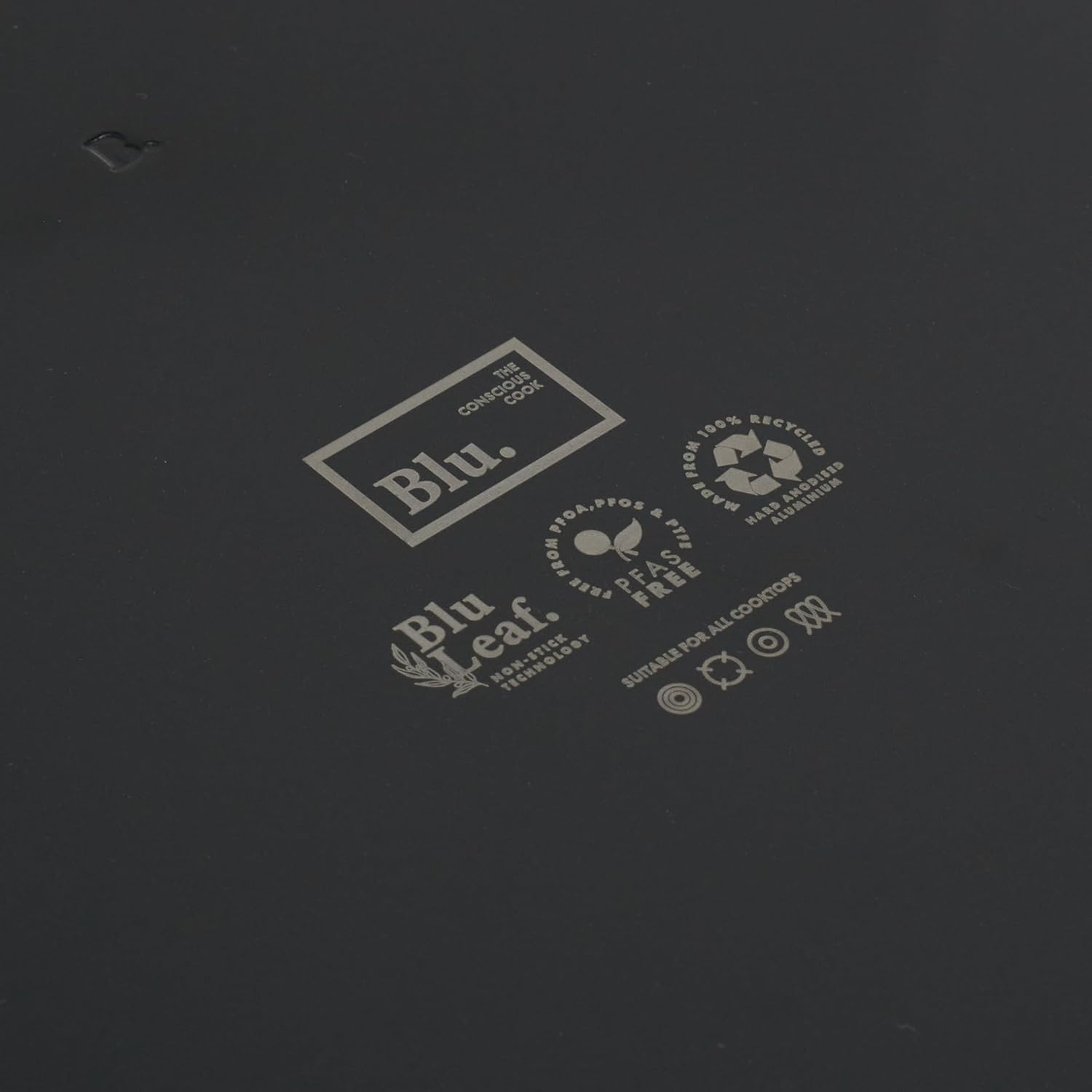 THE CONSCIOUS COOK  
Blu.  
Blu Leaf  
100% RECYCLED  
MADE FROM 100% RECYCLED ALUMINIUM  
PFAS FREE  
SUITABLE FOR ALL COOKTOPS  
TECHNOLOGY FOR ALL