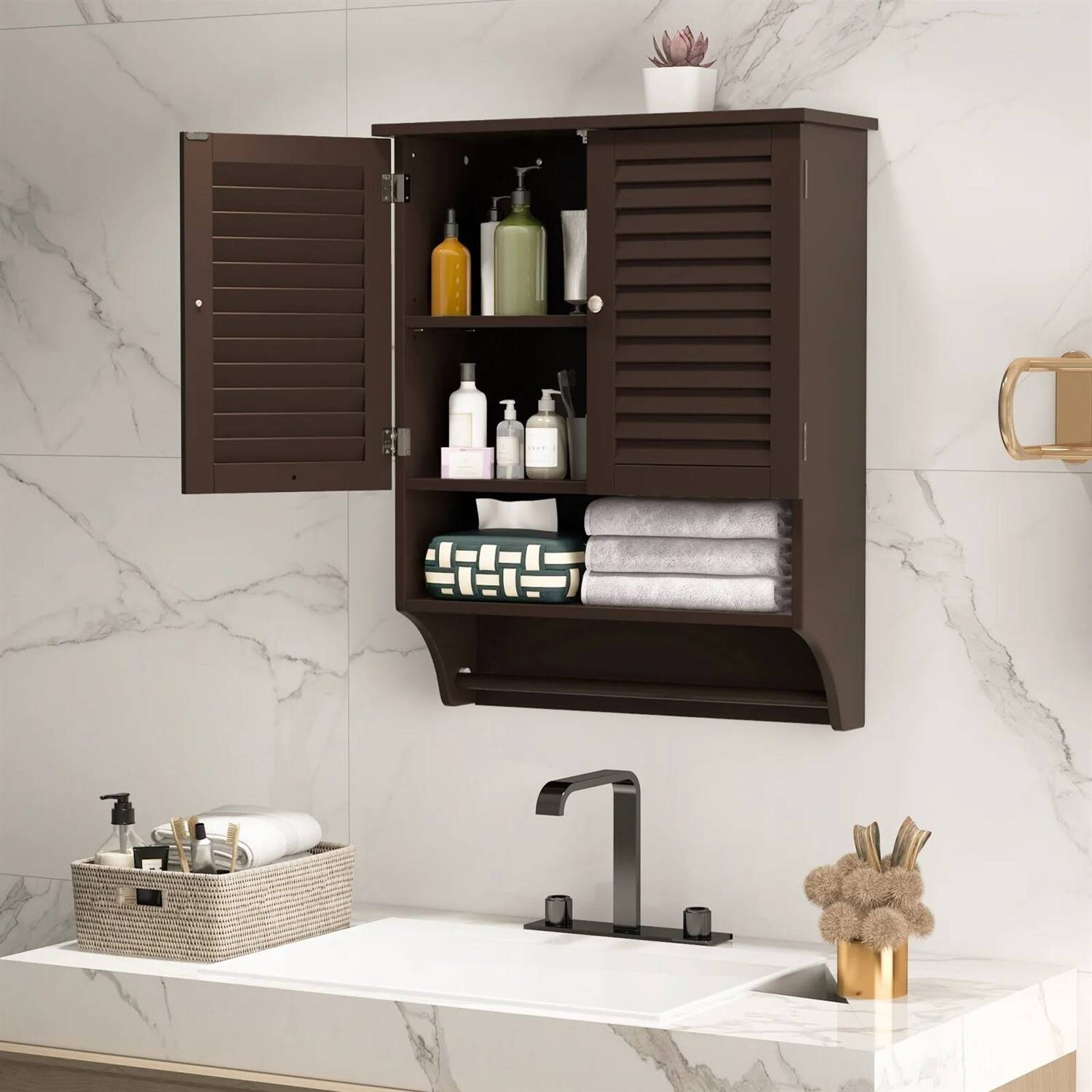 Angle. Hivvago - Brown Wall-Mounted Bathroom Medicine Cabinet with Louver Doors and Towel Bar - Brown.