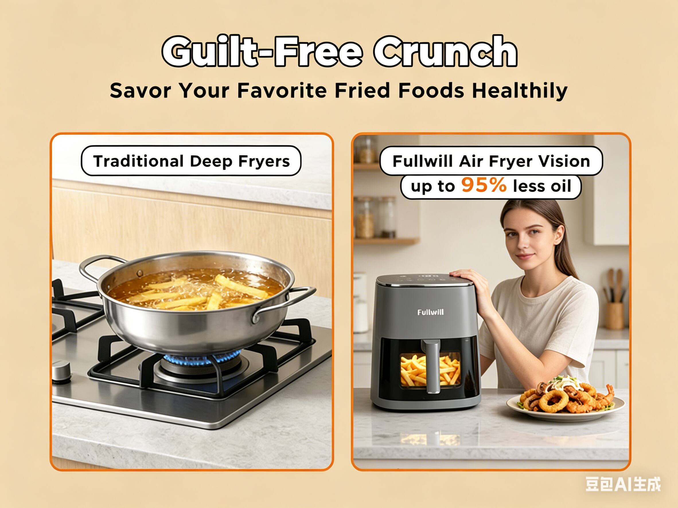 Guilt-Free Crunch  
Savor Your Favorite Fried Foods Healthily  

Traditional Deep Fryers  

Fullwill Air Fryer Vision  
up to 95% less oil