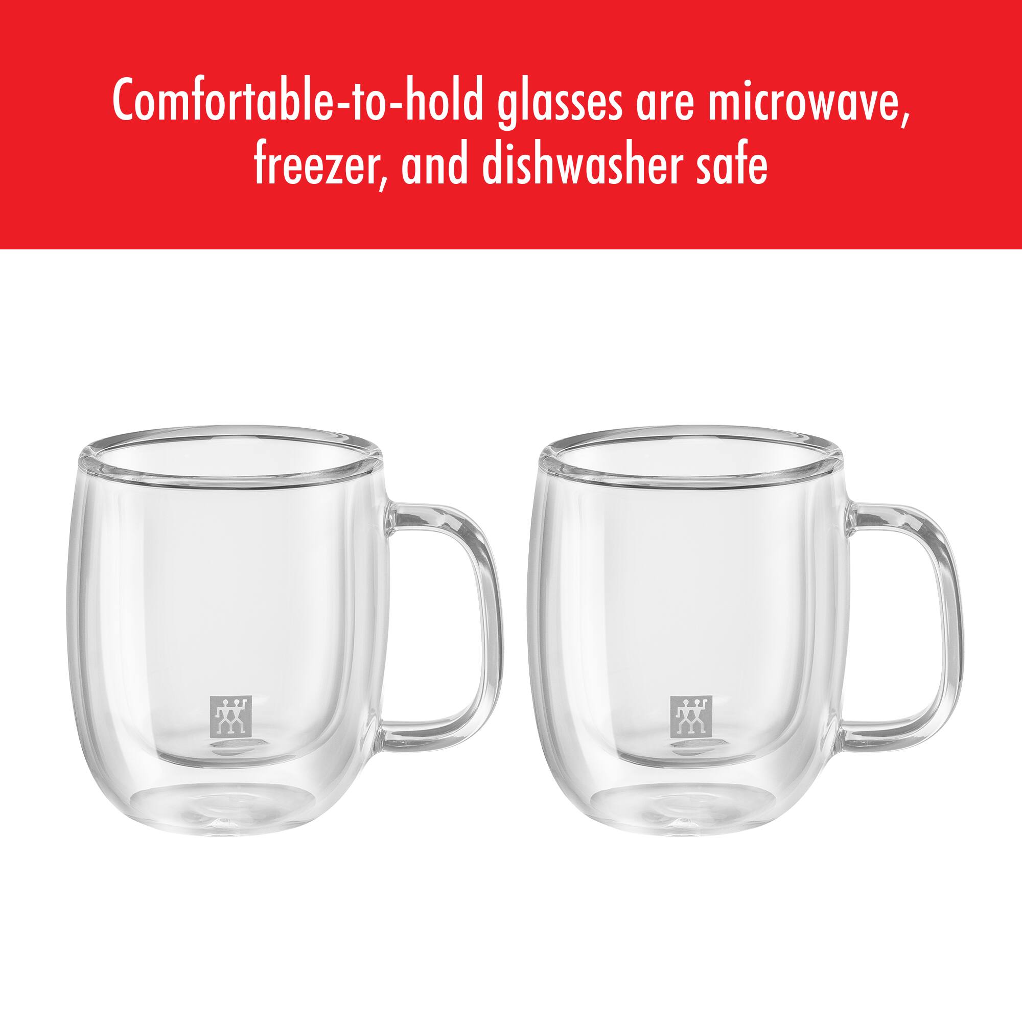 Comfortable-to-hold glasses are microwave, freezer, and dishwasher safe.