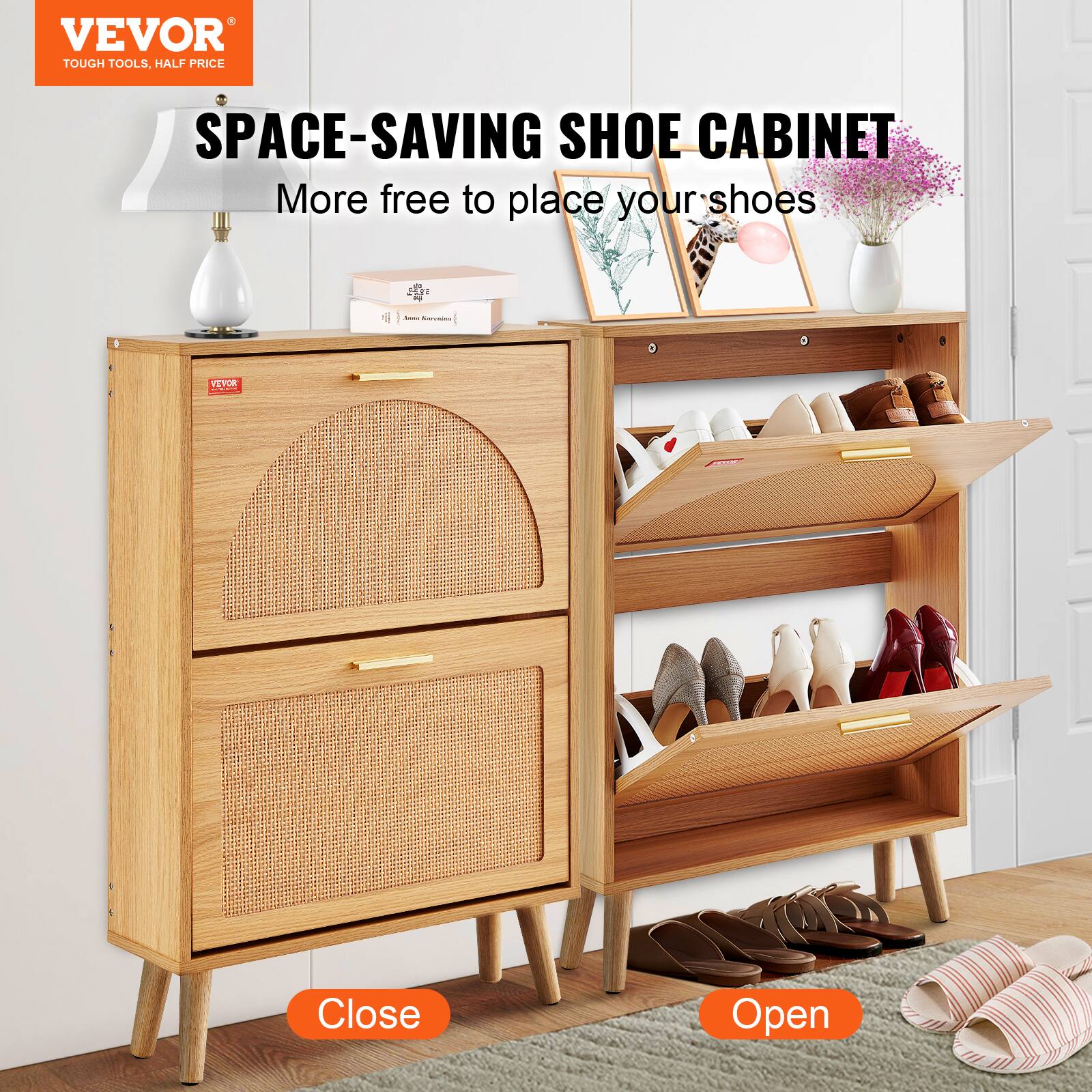 VEVOR  
TOUGH TOOLS, HALF PRICE  

SPACE-SAVING SHOE CABINET  
More free to place your shoes  

Close  
Open
