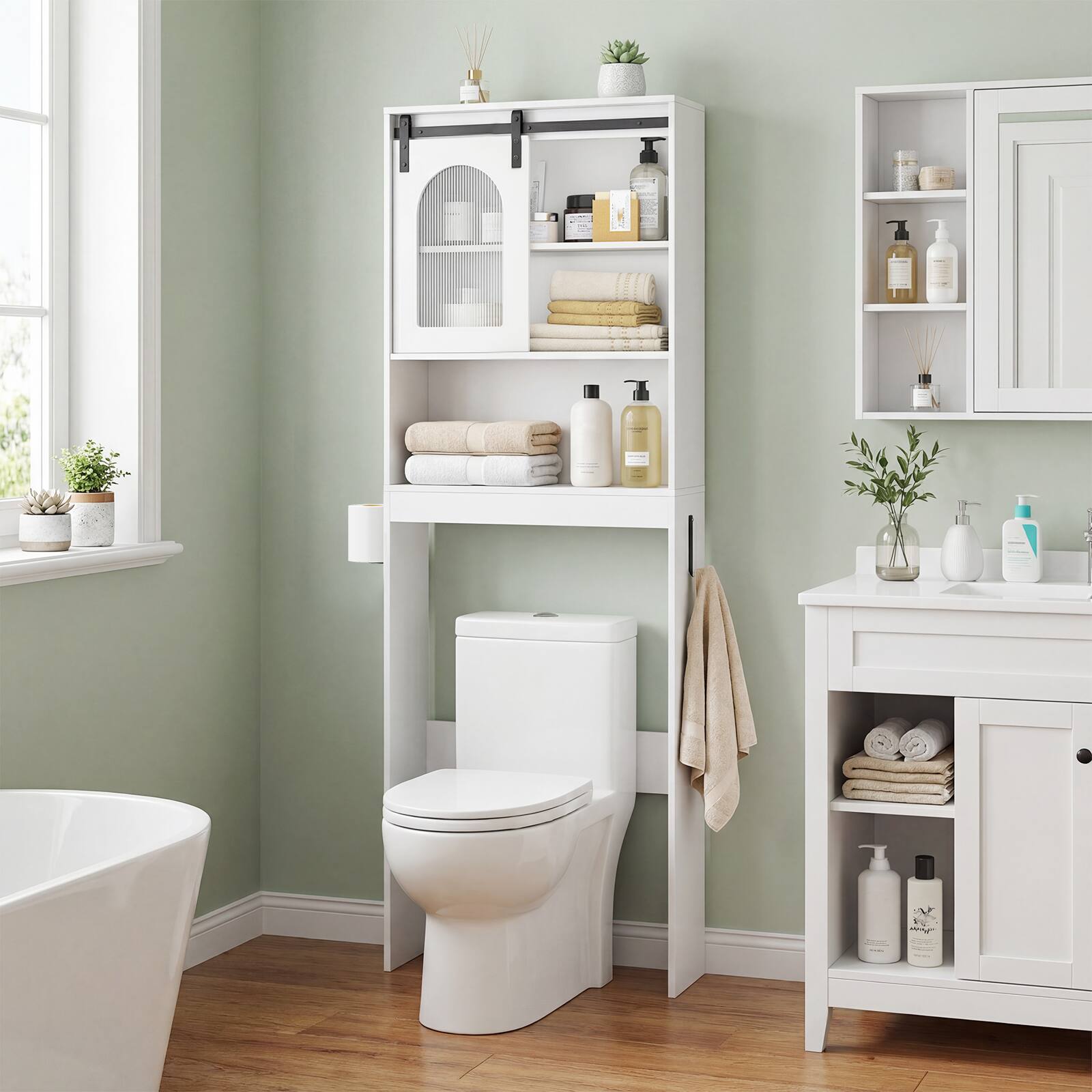 Alt View 3. Costway - Costway Over Toilet Storage Cabinet with Sliding Barn Door Toilet Paper Holder Open Shelves - White.