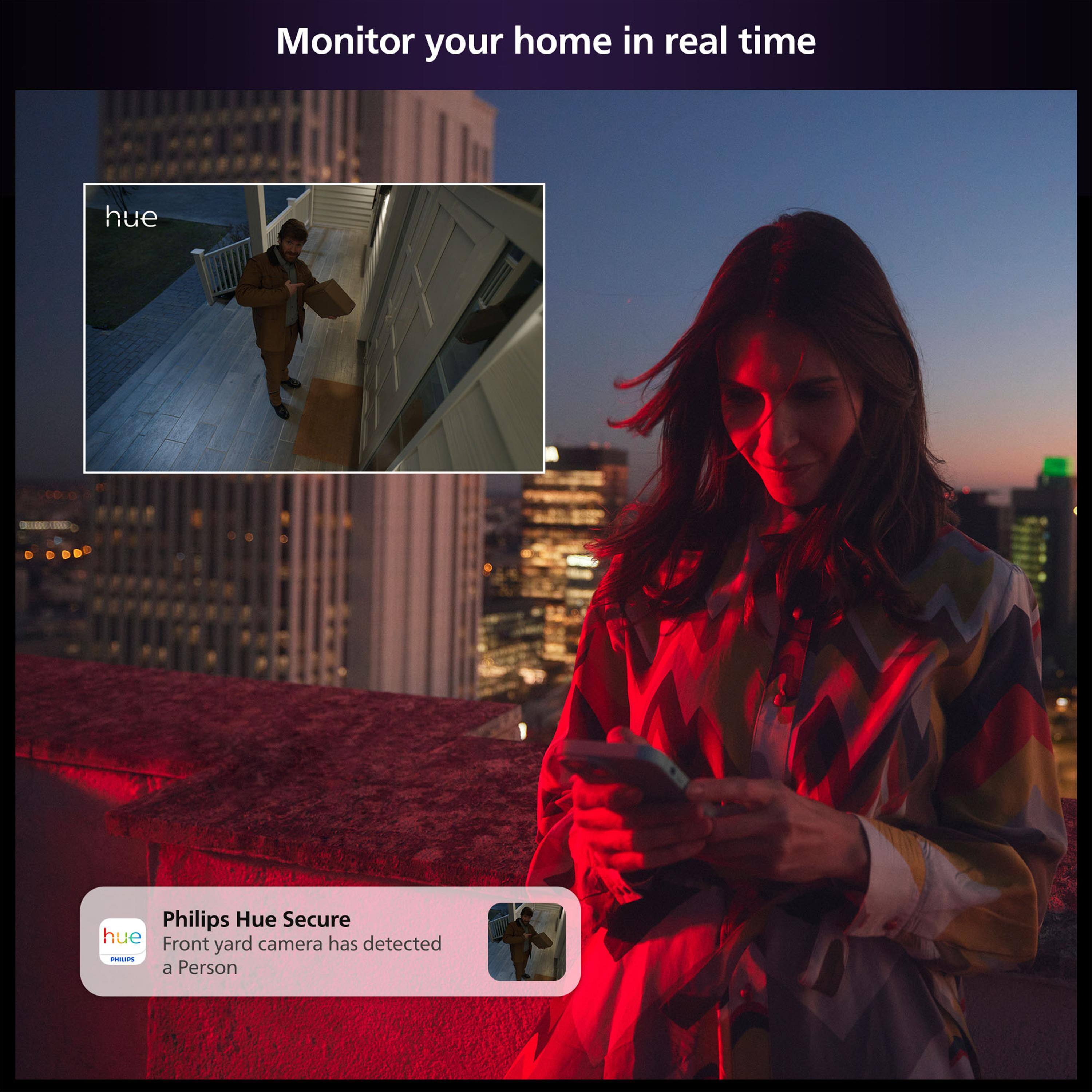 Monitor your home in real time with Philips Hue Secure hue. Front has detected a person.