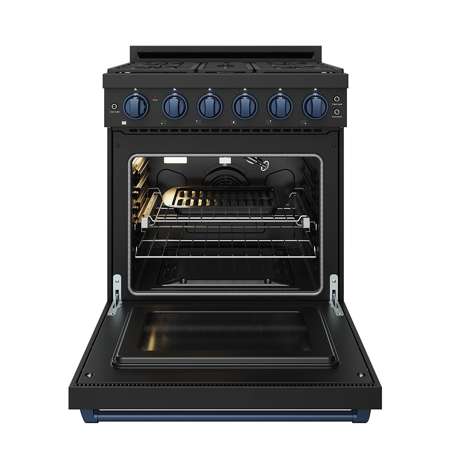 Alt View 5. Thor Kitchen - Gordon Ramsay Series by Thor Kitchen 4.55 Cu. Ft Freestanding Liquid Propane Gas Range with Navy Blue Hardware - Black.