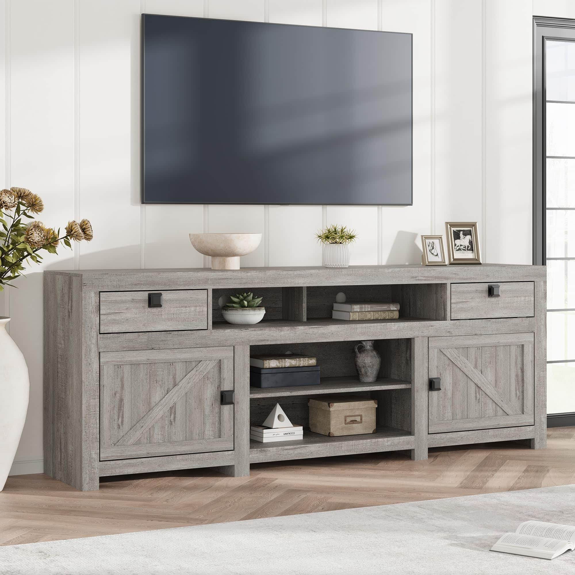 Qeetex - 70 Inch Farmhouse TV Stand for 80 Inch TV, Long Entertainment Center with 4 Cabinets & 3 Open Shelves - Gray