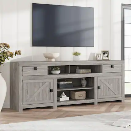 Front. Jojoka - 70 Inch Farmhouse TV Stand for 80 Inch TV, Long Entertainment Center with 4 Cabinets & 3 Open Shelves - Gray.