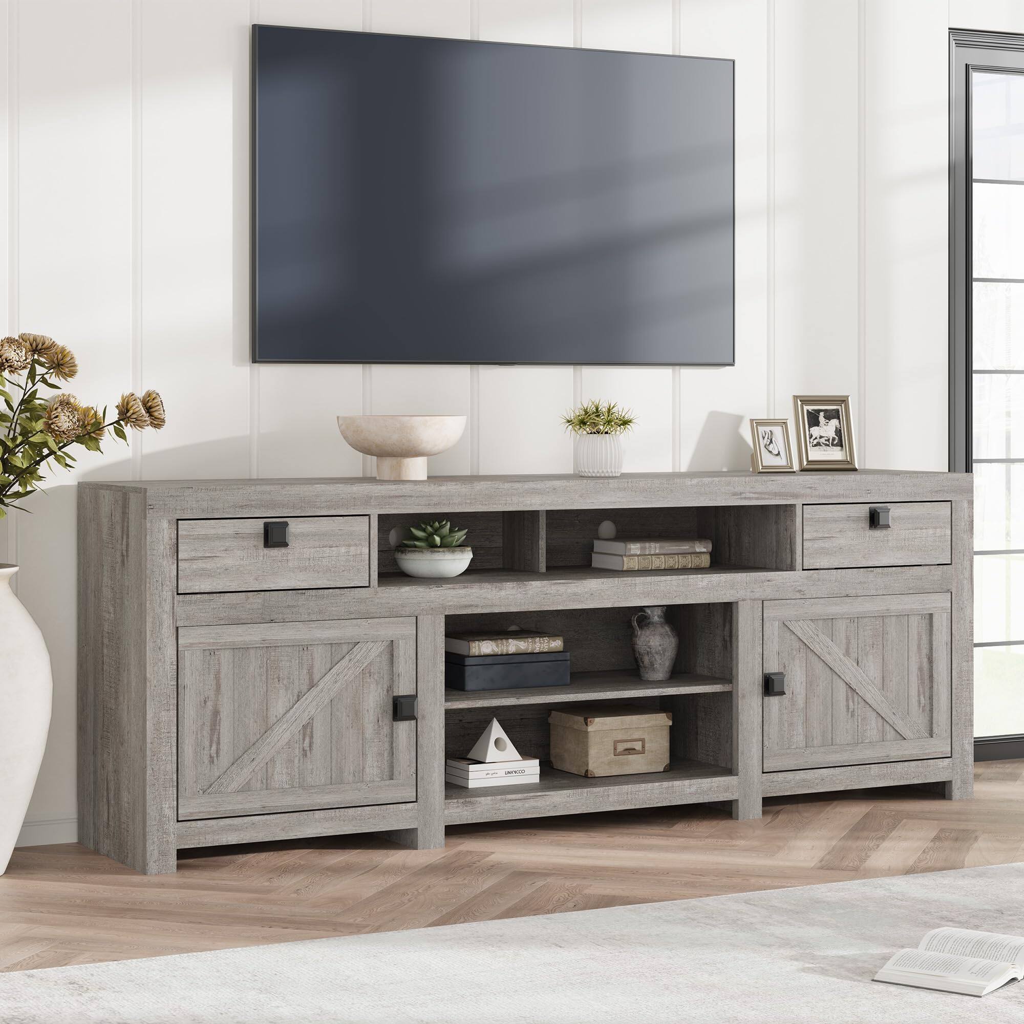 Front. Jojoka - 70 Inch Farmhouse TV Stand for 80 Inch TV, Long Entertainment Center with 4 Cabinets & 3 Open Shelves - Gray.