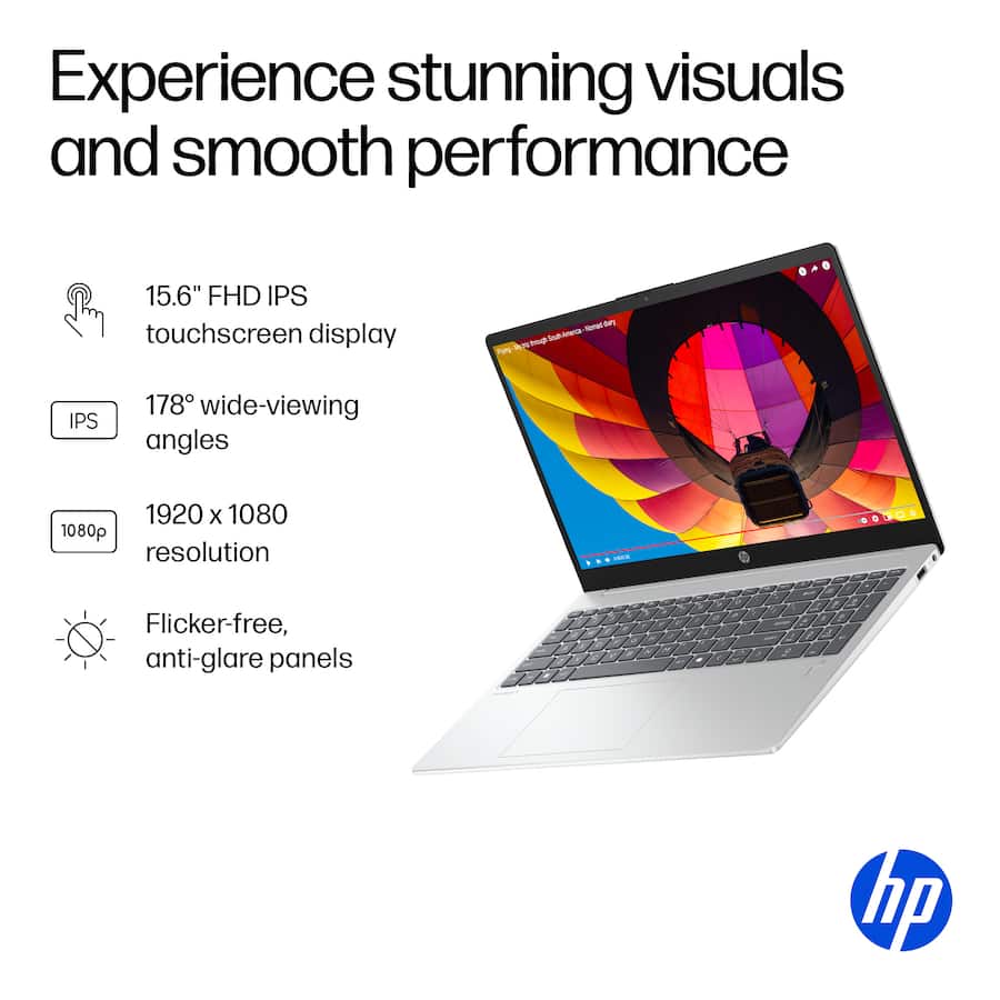 Experience stunning visuals and smooth performance

15.6" FHD IPS touchscreen display  
178° wide-viewing angles  
1920 x 1080 resolution  
Flicker-free, anti-glare panels  

IPS  
1080p  

hp