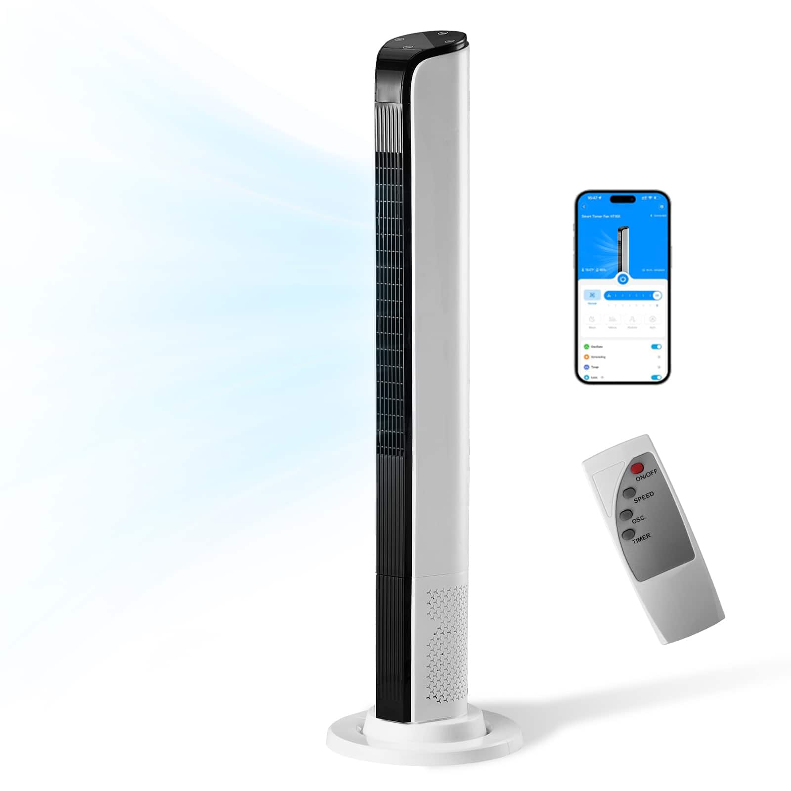 Winado - 42Inch Oscillating Floor Tower Fan for indoors,3 Modes 3 Speeds,12H Timer, Quiet Bladeless Standing Fan for Cooling Home - White