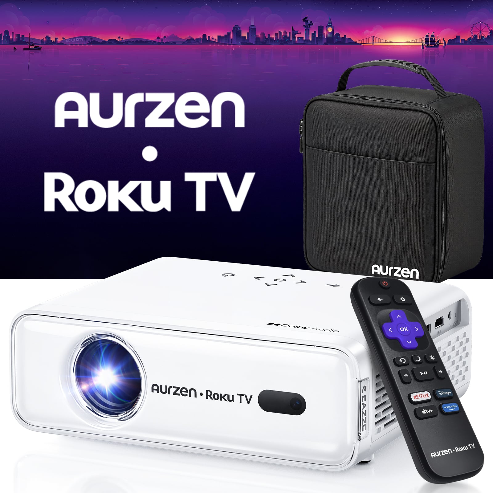 Aurzen - Roku TV Smart Projector with Carrying Case, Roku Streaming Built-in, 1080P FHD, Dolby Audio, Auto Focus & Keystone - White